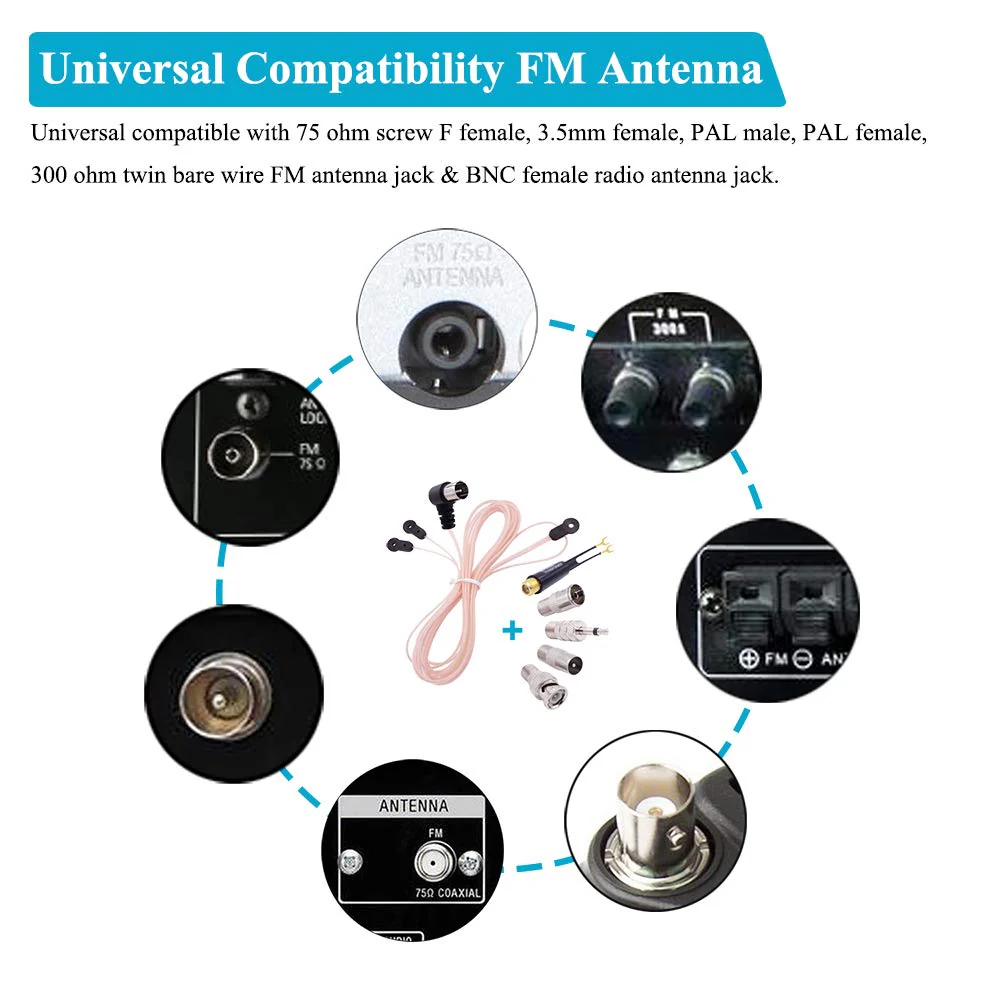 Fancasee Universal FM Antenna Dipole 75 Ohm F Male Push On Plug Coax Coaxial Cable Antenna with PAL 3.5mm BNC Jack Connector & 75 to 300 Ohm Adapter FM Radio Antenna for Home AV Stereo Receiver Indoor - Image 2