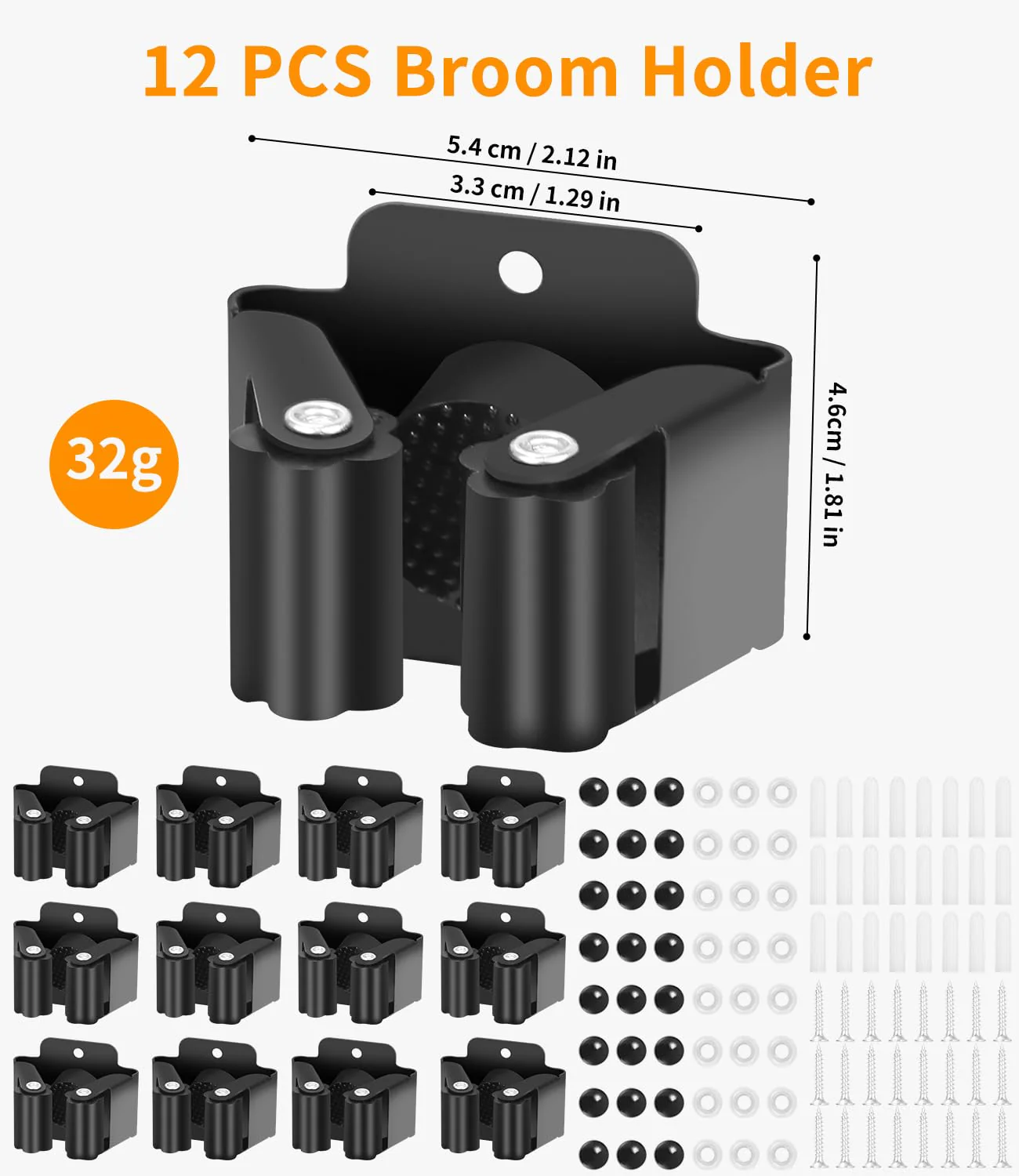 FAOKZE Pack of 12 Stainless Steel Mop Holder, Broom Holder Wall, Broom Holder, Tool Holder, Wall Mount, Stainless Steel Wall Mount, Garden Tool Holder, (24 Screws), for Kitchen, Home, Bathroom Black 12pcs - Image 2