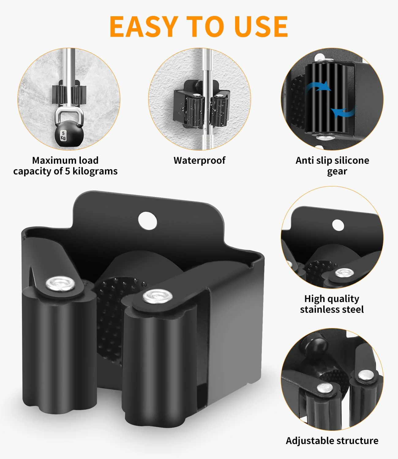 FAOKZE Pack of 12 Stainless Steel Mop Holder, Broom Holder Wall, Broom Holder, Tool Holder, Wall Mount, Stainless Steel Wall Mount, Garden Tool Holder, (24 Screws), for Kitchen, Home, Bathroom Black 12pcs - Image 3