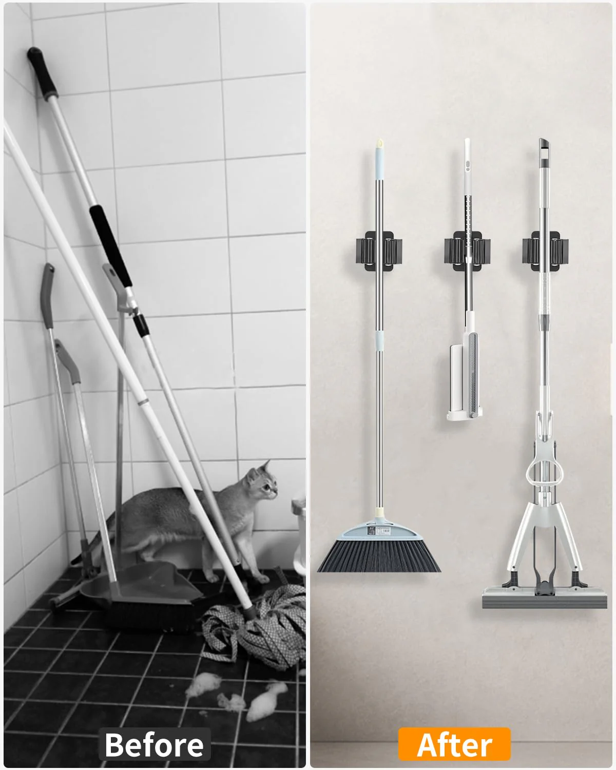 FAOKZE Pack of 12 Stainless Steel Mop Holder, Broom Holder Wall, Broom Holder, Tool Holder, Wall Mount, Stainless Steel Wall Mount, Garden Tool Holder, (24 Screws), for Kitchen, Home, Bathroom Black 12pcs - Image 6
