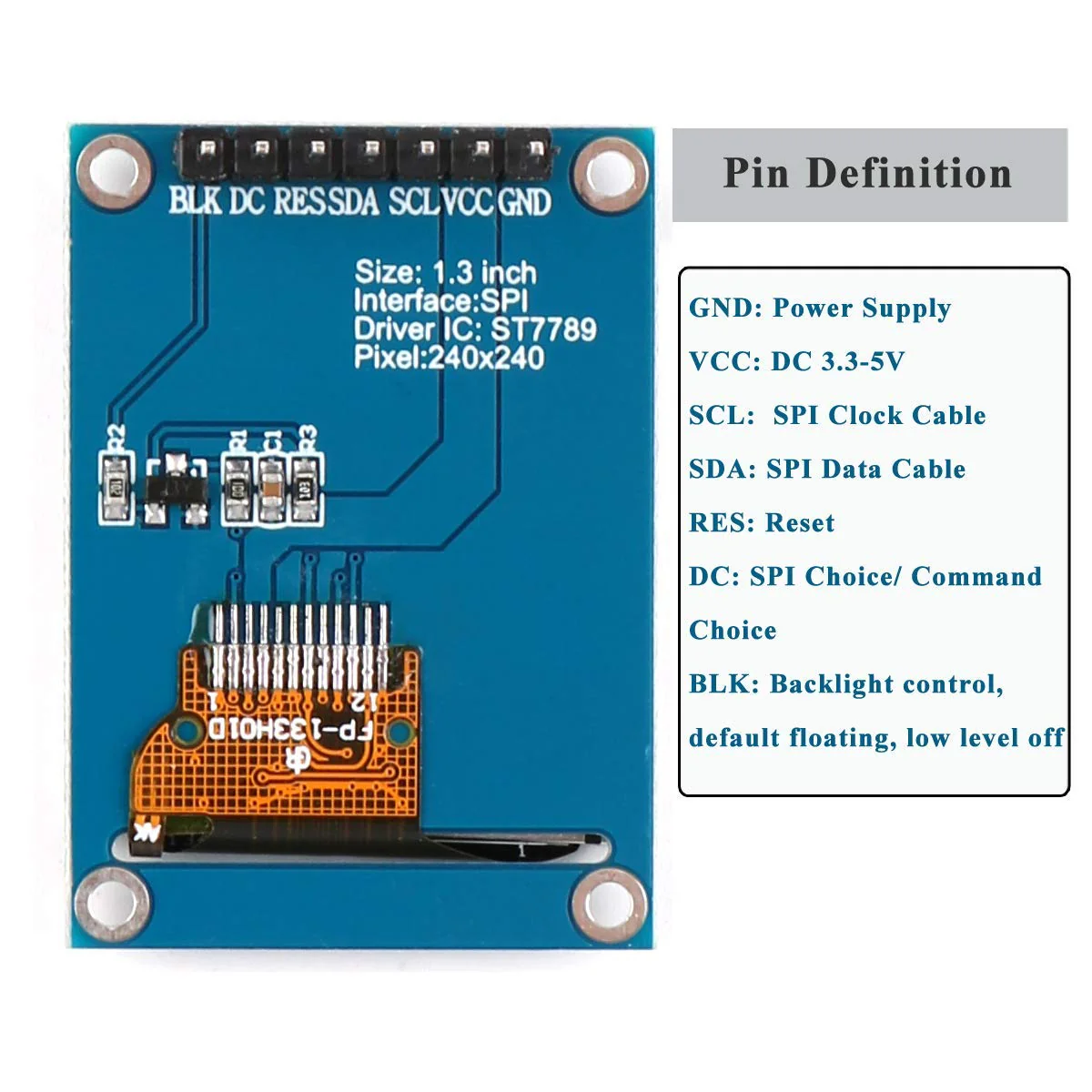 Fasizi 1.3" TFT LCD Screen Module 240x240 IPS 65K Full Color 3.3V with SPI Interface ST7789 IC Driver for 51 STM32 - Image 3