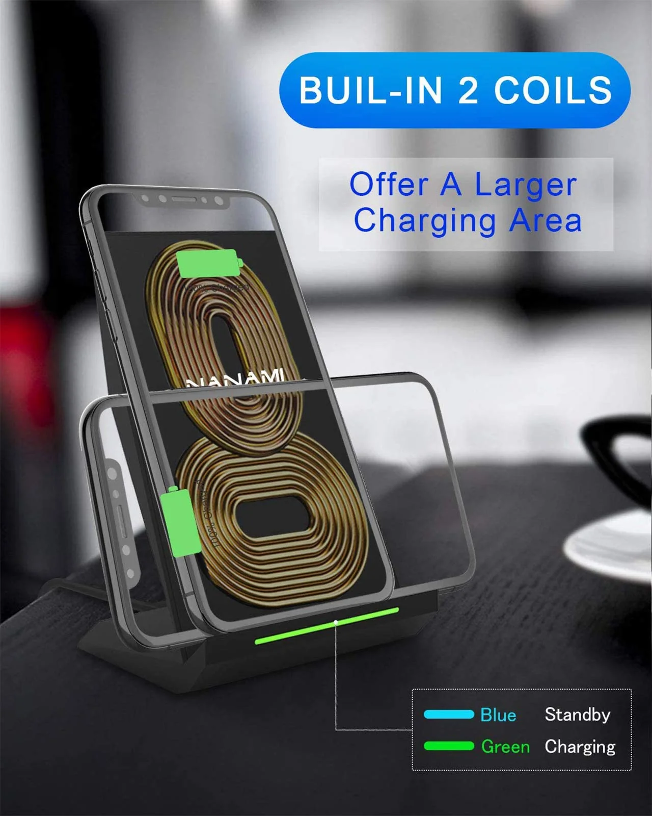 Fast Wireless Charger, [2 Pack] NANAMI Qi Certified Wireless Charging Stand Compatible iPhone 13/12/SE 2020/11 Pro/XS Max/XR/X/8, Samsung Galaxy S21/S20/S10/S9/S7/Note 20/10/9/8 and Qi-Enabled Phone Black/Black - Image 4