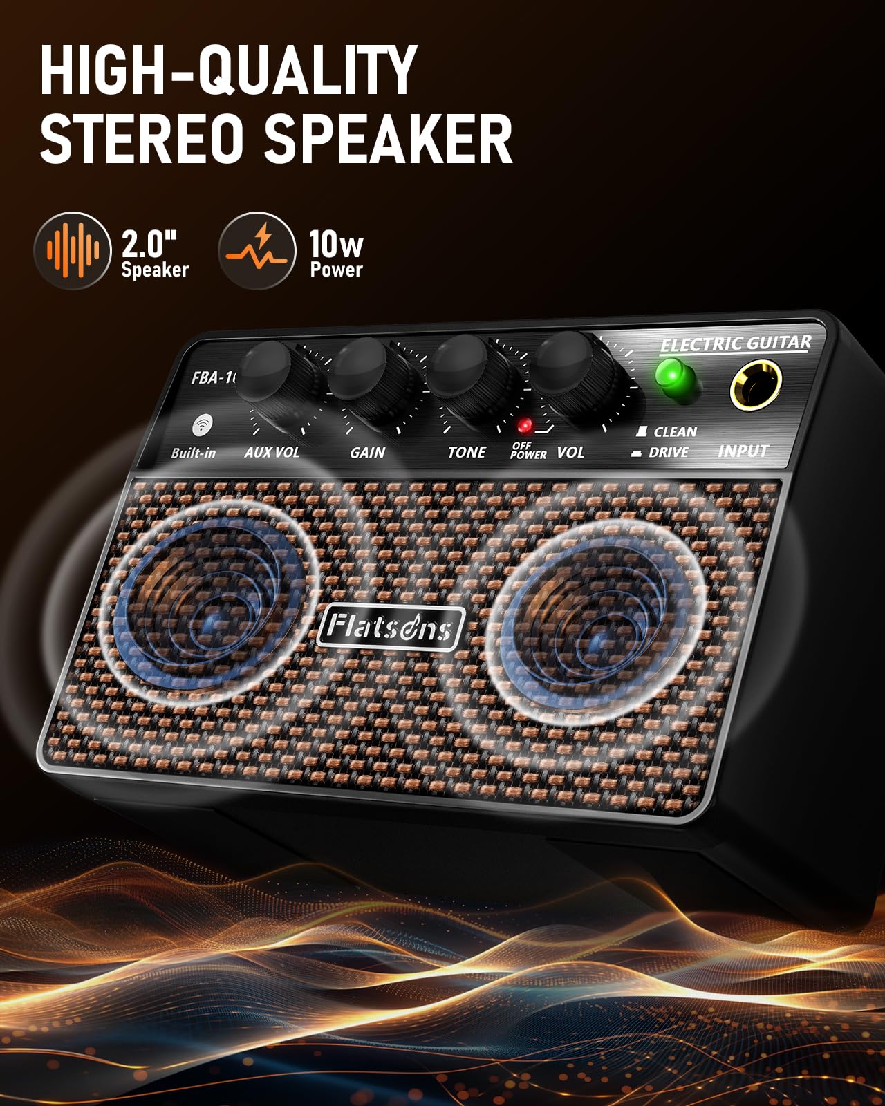 FBA-10 Guitar Amp, 10W Mini Electric Guitar Amplifier with Clean/Drive Channel, 6H Working, USB-C Rechargeable, 3.5mm Headphone/AUX Jack, Wireless Portable Amp for Indoor Practice, Traveling Black - Image 3
