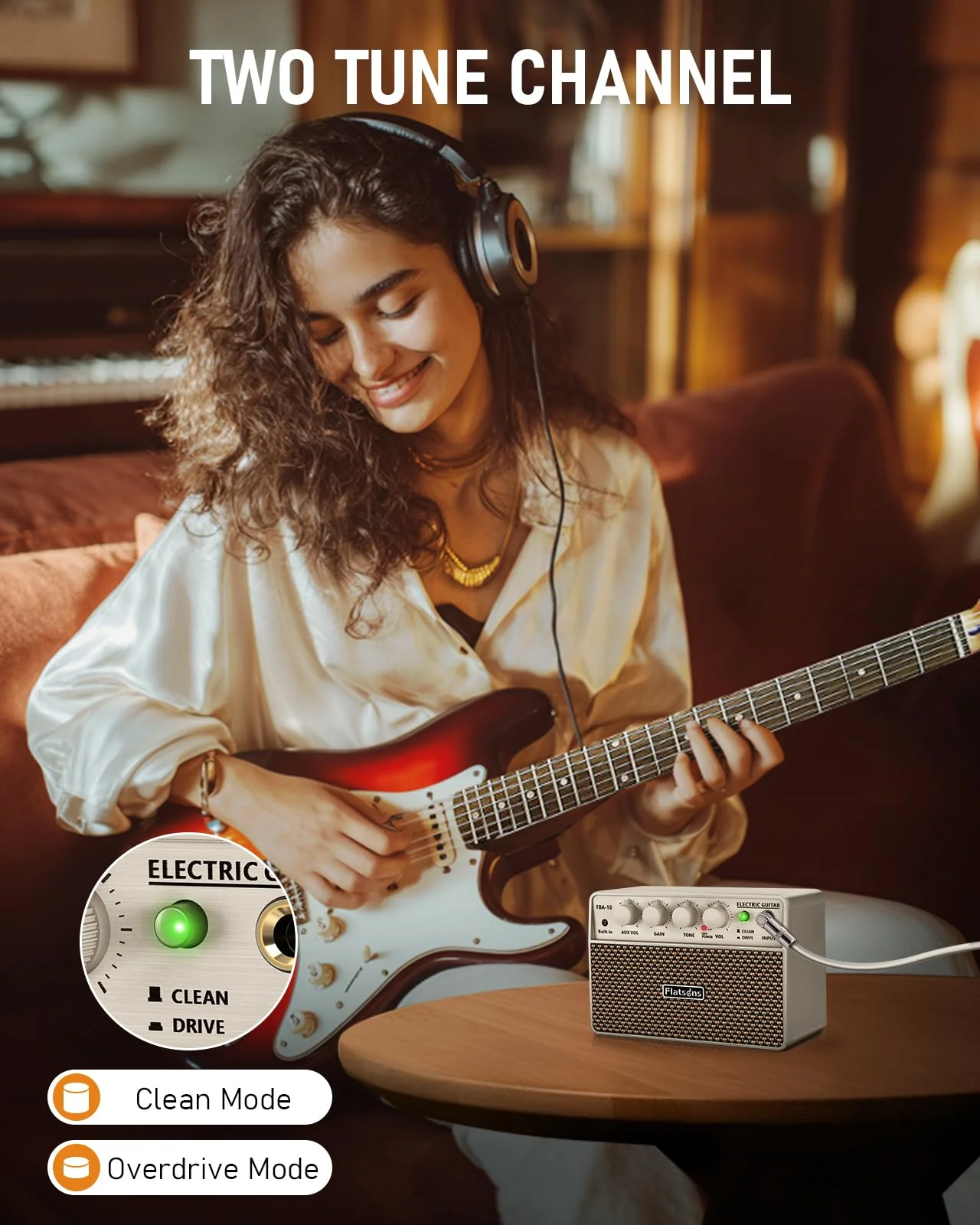 FBA-10 Guitar Amp, 10W Mini Electric Guitar Amplifier with Clean/Drive Channel, 6H Working, USB-C Rechargeable, 3.5mm Headphone/AUX Jack, Wireless Portable Amp for Indoor Practice (White) White - Image 3