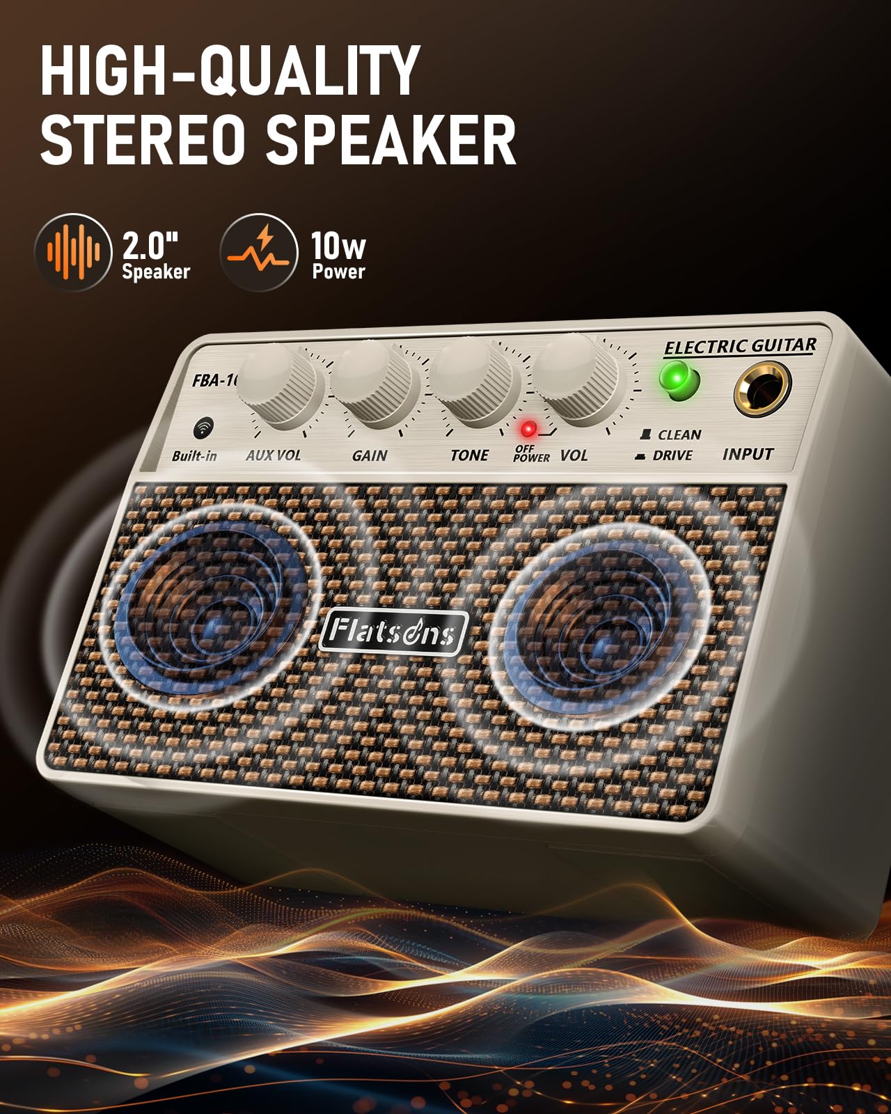 FBA-10 Guitar Amp, 10W Mini Electric Guitar Amplifier with Clean/Drive Channel, 6H Working, USB-C Rechargeable, 3.5mm Headphone/AUX Jack, Wireless Portable Amp for Indoor Practice (White) White - Image 4