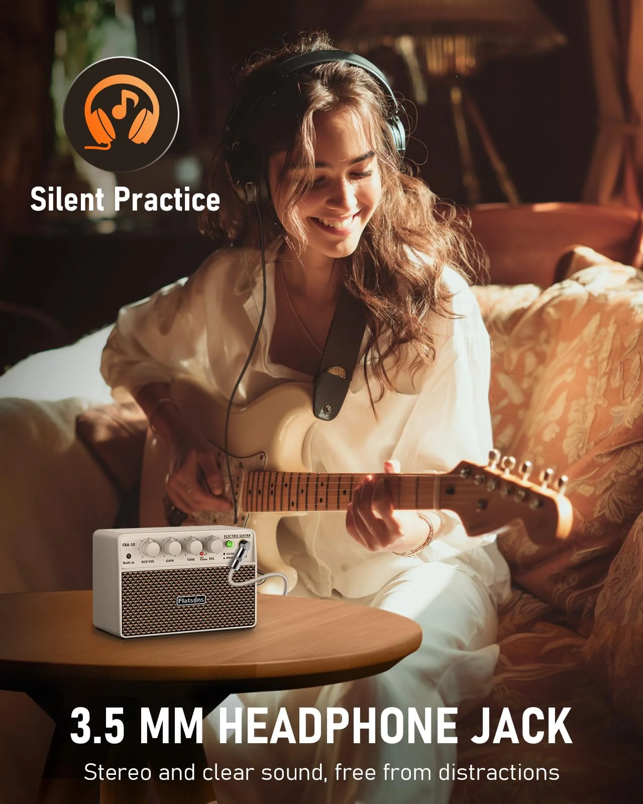 FBA-10 Guitar Amp, 10W Mini Electric Guitar Amplifier with Clean/Drive Channel, 6H Working, USB-C Rechargeable, 3.5mm Headphone/AUX Jack, Wireless Portable Amp for Indoor Practice (White) White - Image 7