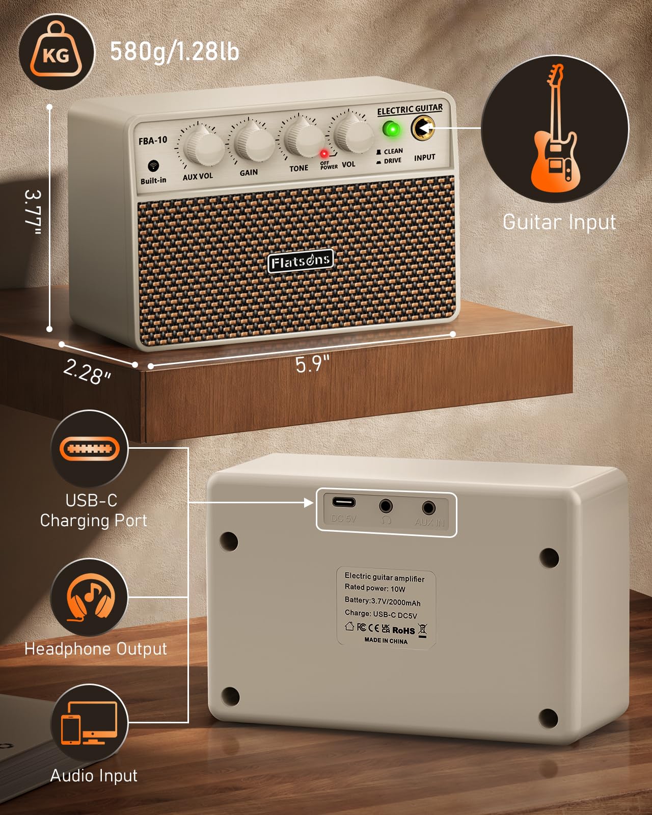 FBA-10 Guitar Amp, 10W Mini Electric Guitar Amplifier with Clean/Drive Channel, 6H Working, USB-C Rechargeable, 3.5mm Headphone/AUX Jack, Wireless Portable Amp for Indoor Practice (White) White - Image 9