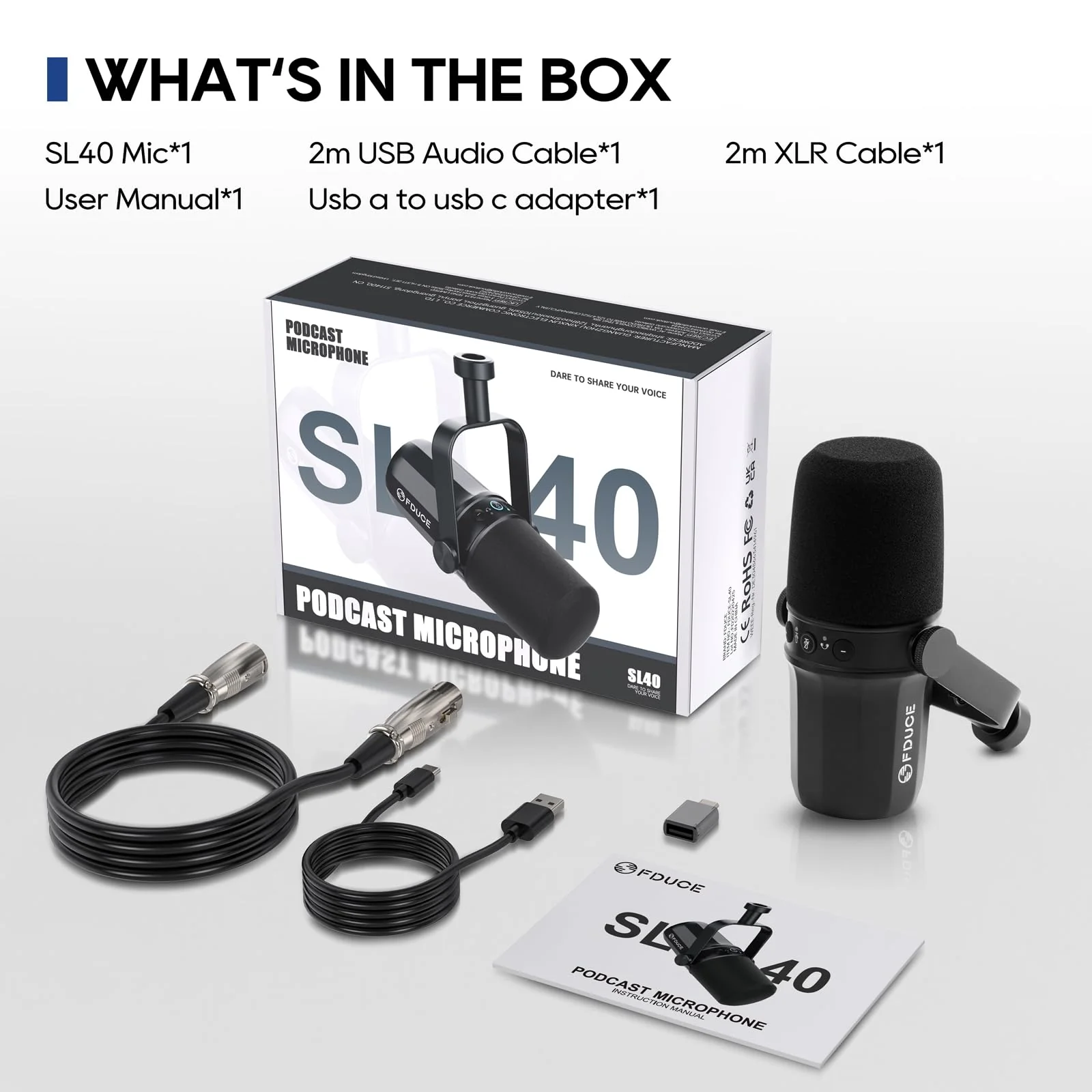FDUCE SL40 USB/XLR Dynamic Microphone for Podcasting, Gaming, Live Streaming and Recording, Built-in Headphone Output, LED Mute Button, All Metal, Voice Isolation Technology - Image 9