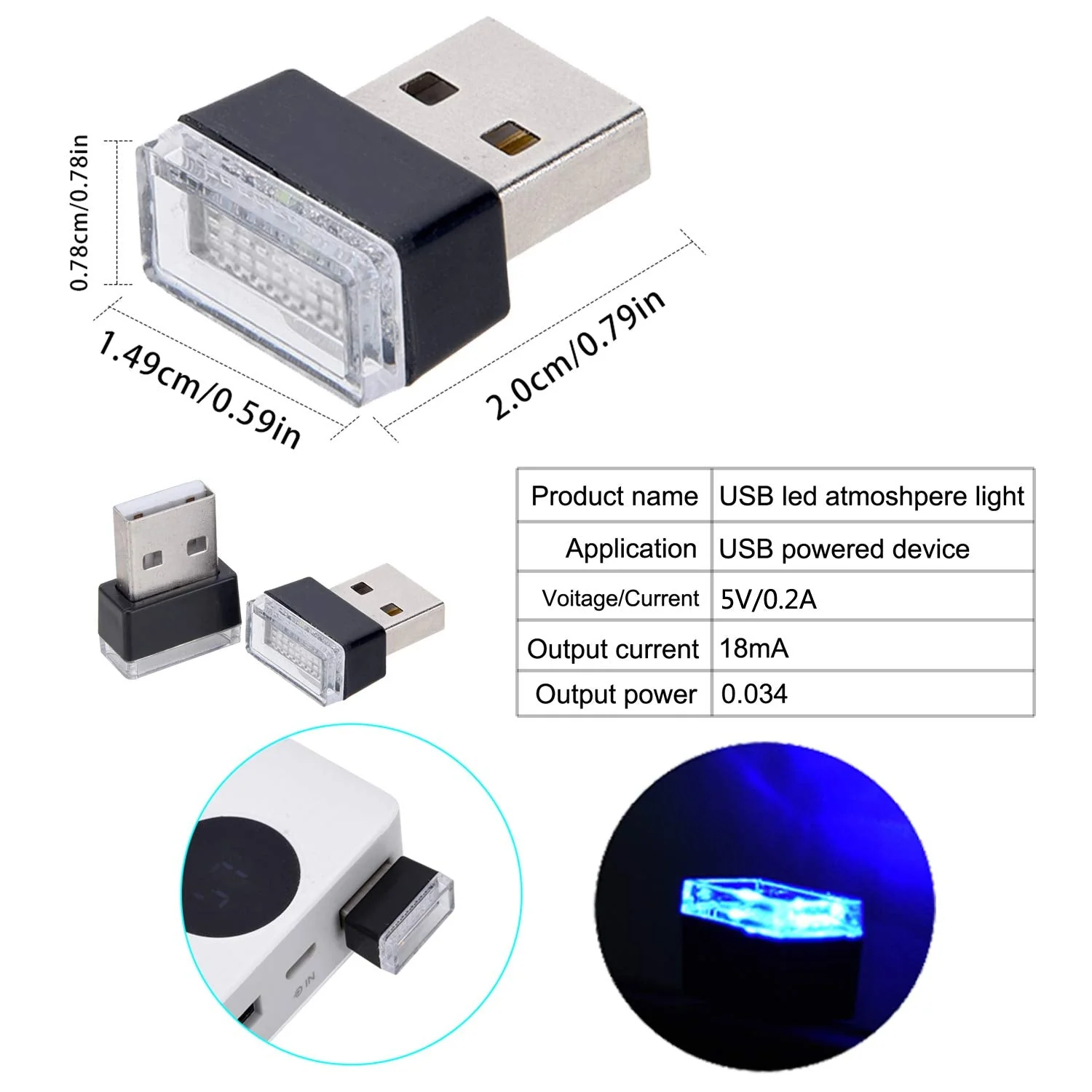 Febrytold 4Pcs Blue USB Car Interior Atmosphere Lamps, Universal Mini Led USB Lights for Car Decoration, Lighting - Image 3