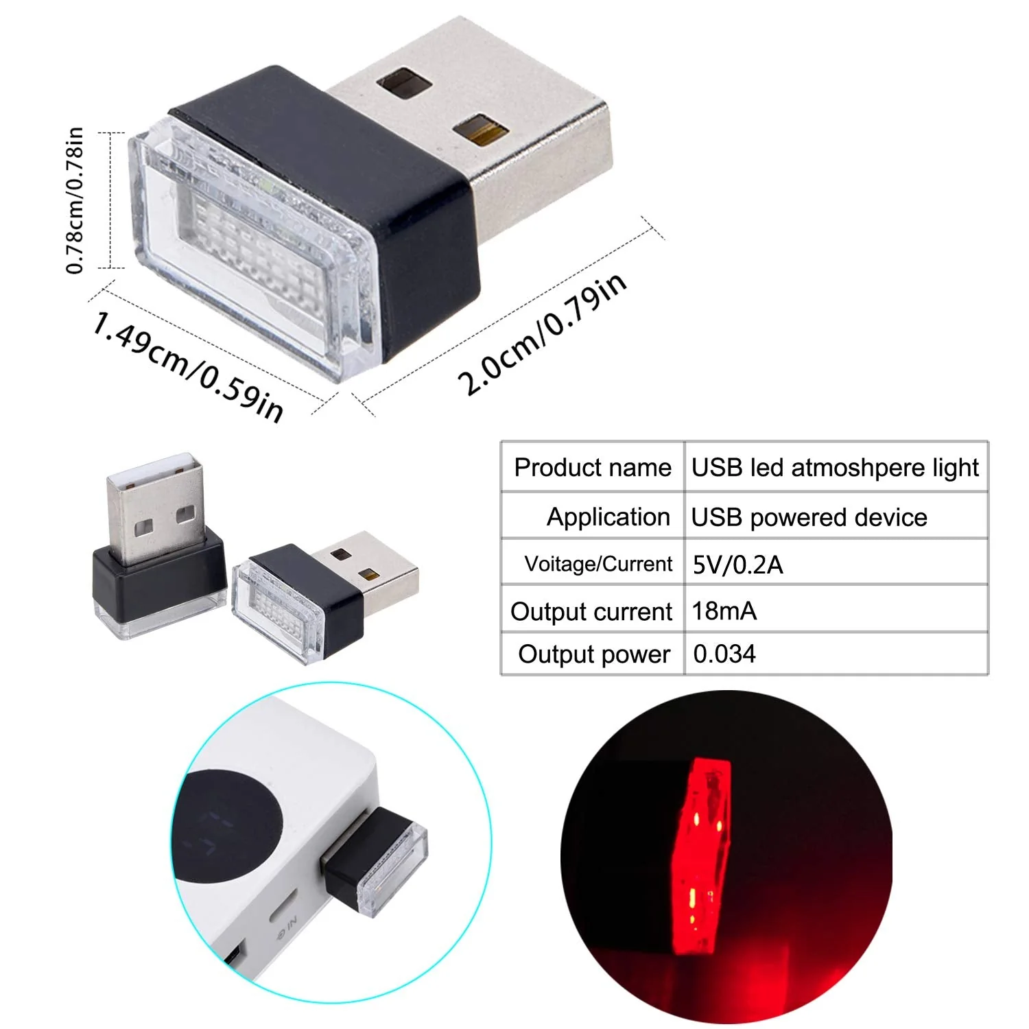 Febrytold 4Pcs Red USB Car Interior Atmosphere Lamps, Universal Mini Led USB Lights for Car Decoration, Lighting - Image 3