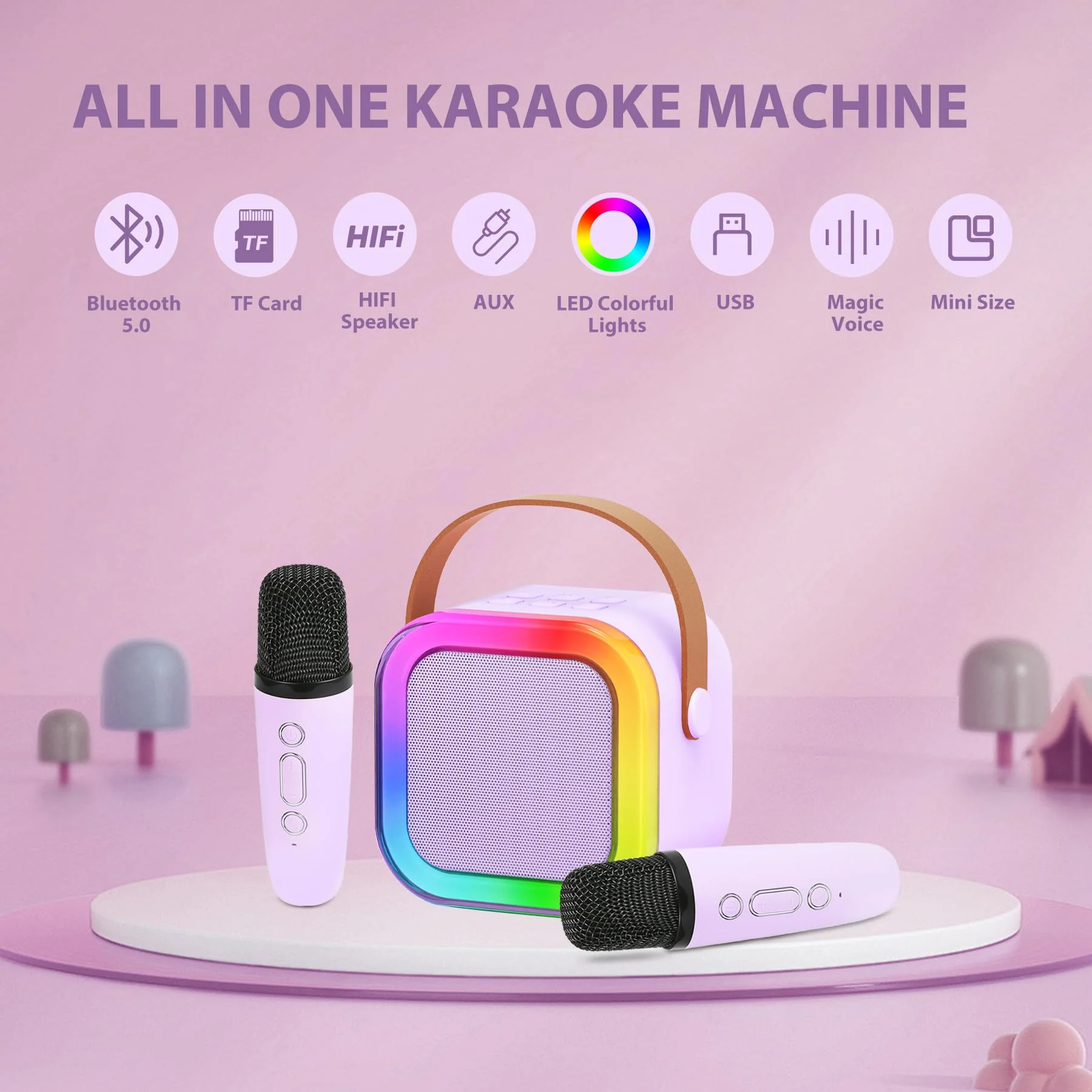 Fede Karaoke Machine for Kids Adults, Mini Karaoke Machine with 2 Wireless Microphones, Portable Bluetooth Speaker with Voice Changing Effects & LED Lights, Best Gifts Toys for Girls and Boys Purple - Image 2