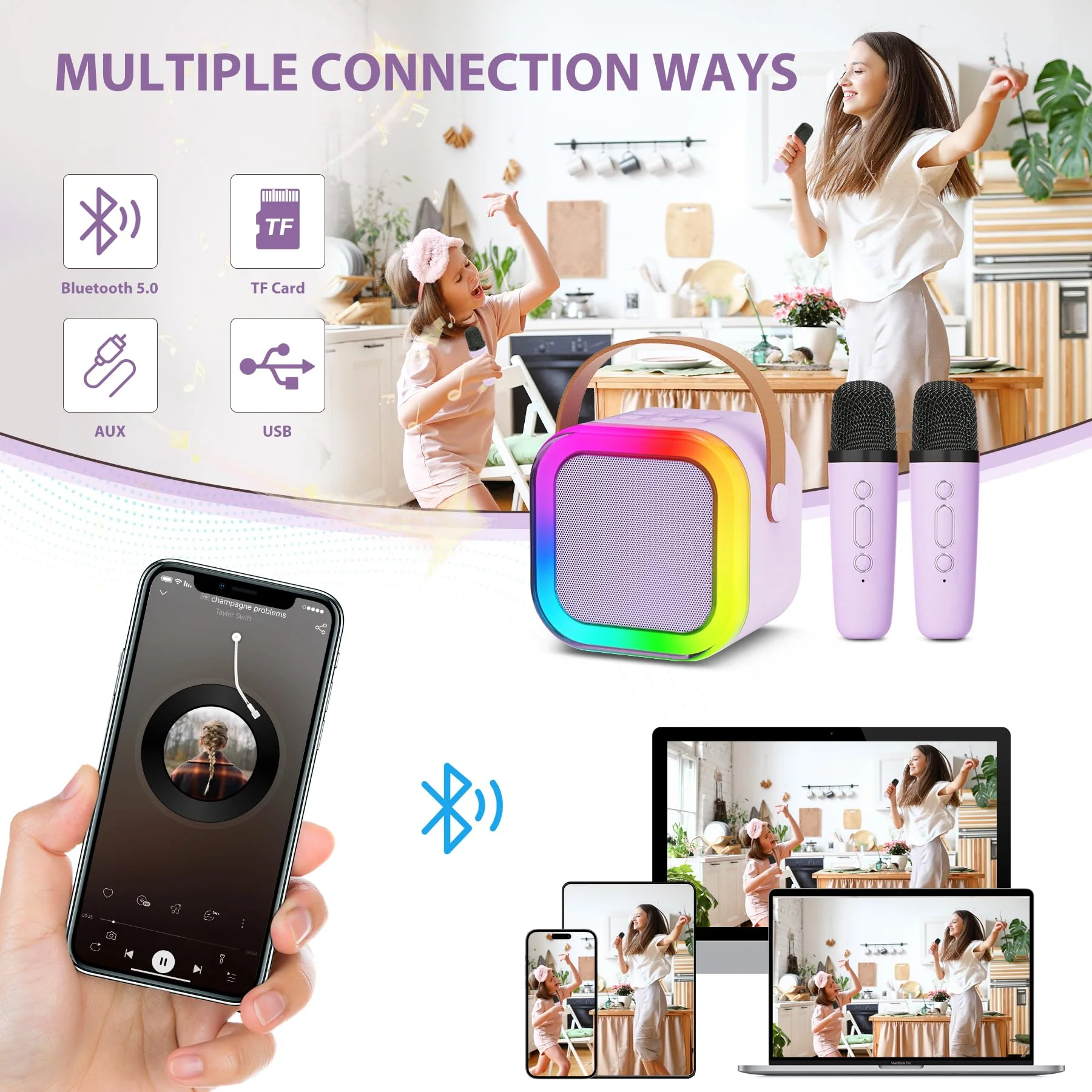 Fede Karaoke Machine for Kids Adults, Mini Karaoke Machine with 2 Wireless Microphones, Portable Bluetooth Speaker with Voice Changing Effects & LED Lights, Best Gifts Toys for Girls and Boys Purple - Image 3