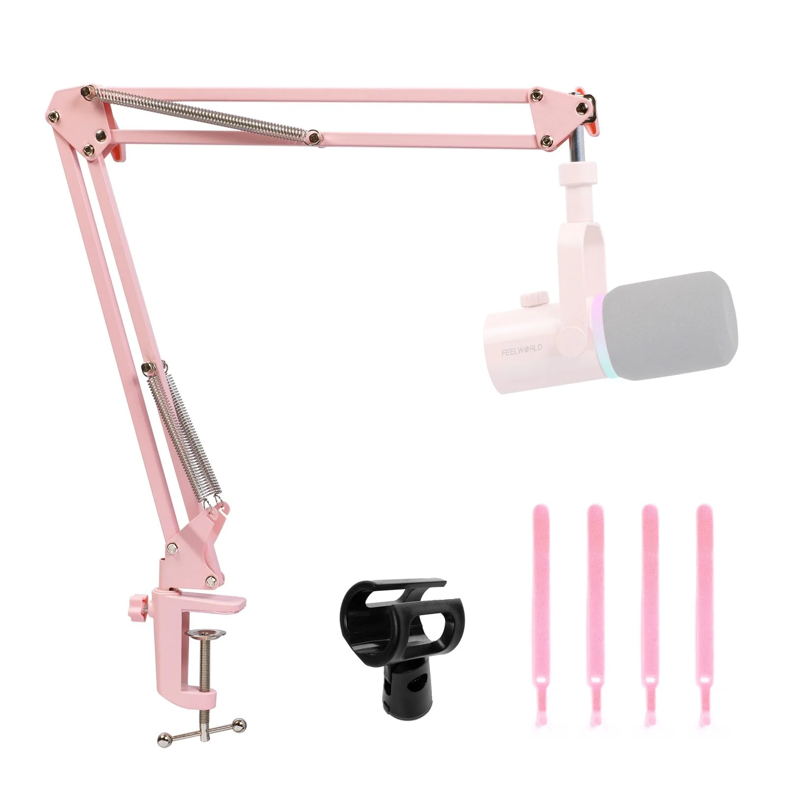 FEELWORLD AMS1 Microphone Boom Arm, Adjustable Mic Arm Stand with 3/8” to 5/8” Screw, Compatible with PM1 and other Mics for Podcast Straming Gaming Studio (Pink) Pink