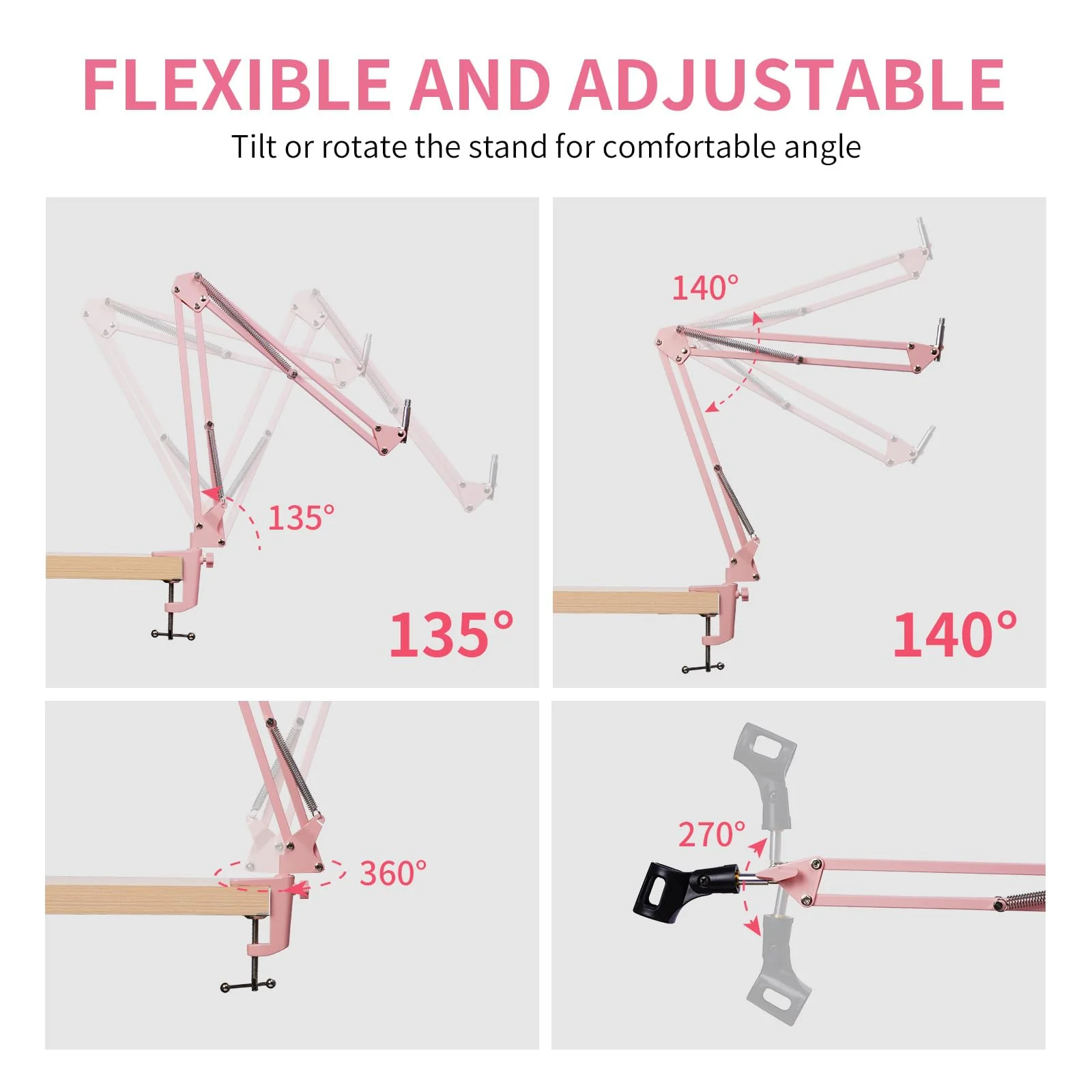 FEELWORLD AMS1 Microphone Boom Arm, Adjustable Mic Arm Stand with 3/8” to 5/8” Screw, Compatible with PM1 and other Mics for Podcast Straming Gaming Studio (Pink) Pink - Image 2