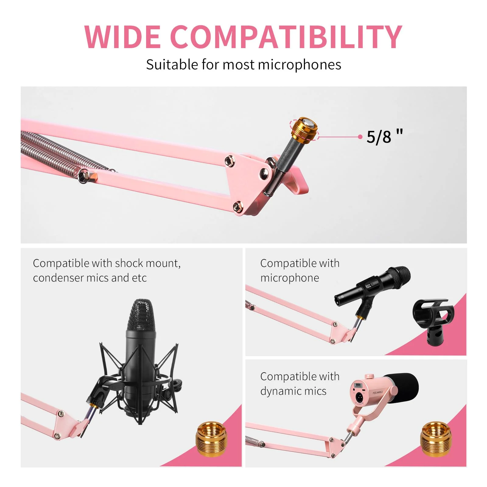 FEELWORLD AMS1 Microphone Boom Arm, Adjustable Mic Arm Stand with 3/8” to 5/8” Screw, Compatible with PM1 and other Mics for Podcast Straming Gaming Studio (Pink) Pink - Image 3