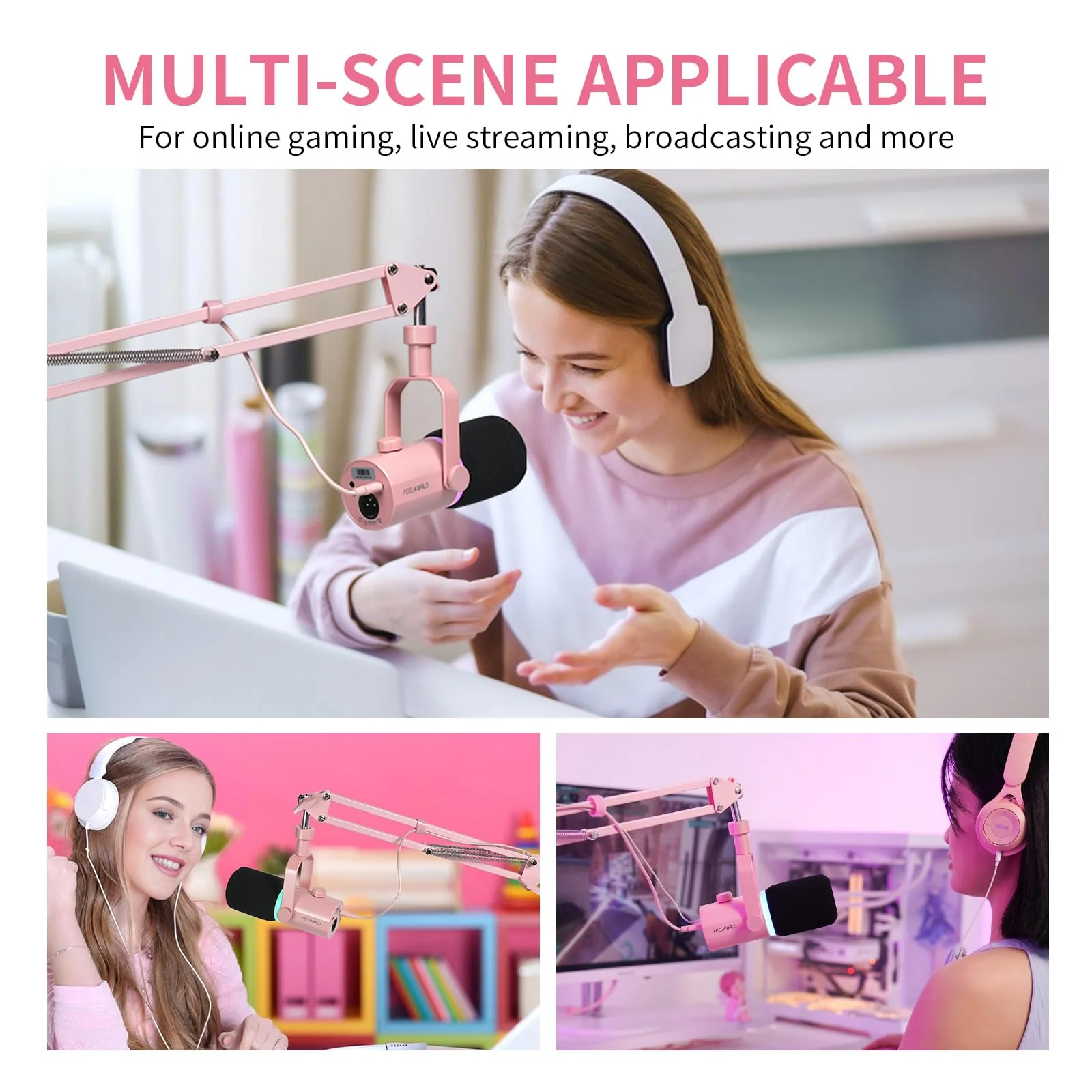 FEELWORLD AMS1 Microphone Boom Arm, Adjustable Mic Arm Stand with 3/8” to 5/8” Screw, Compatible with PM1 and other Mics for Podcast Straming Gaming Studio (Pink) Pink - Image 7