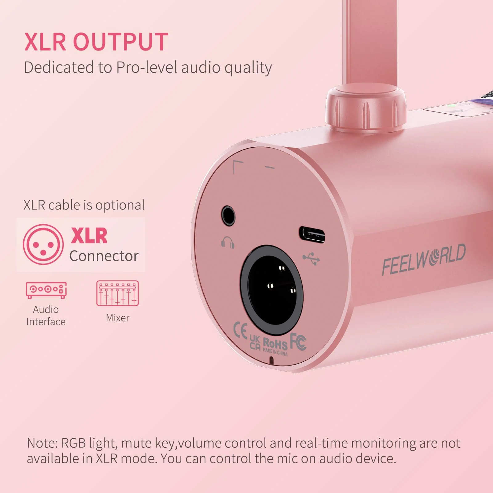FEELWORLD PM1 XLR USB Dynamic Microphone Gifts for Podcast Recording PC Computer Gaming Live Streaming Vocal Voice-Over, Studio Metal Mic with RGB Light, Mute Button, Headphones Jack (Pink) Pink - Image 3