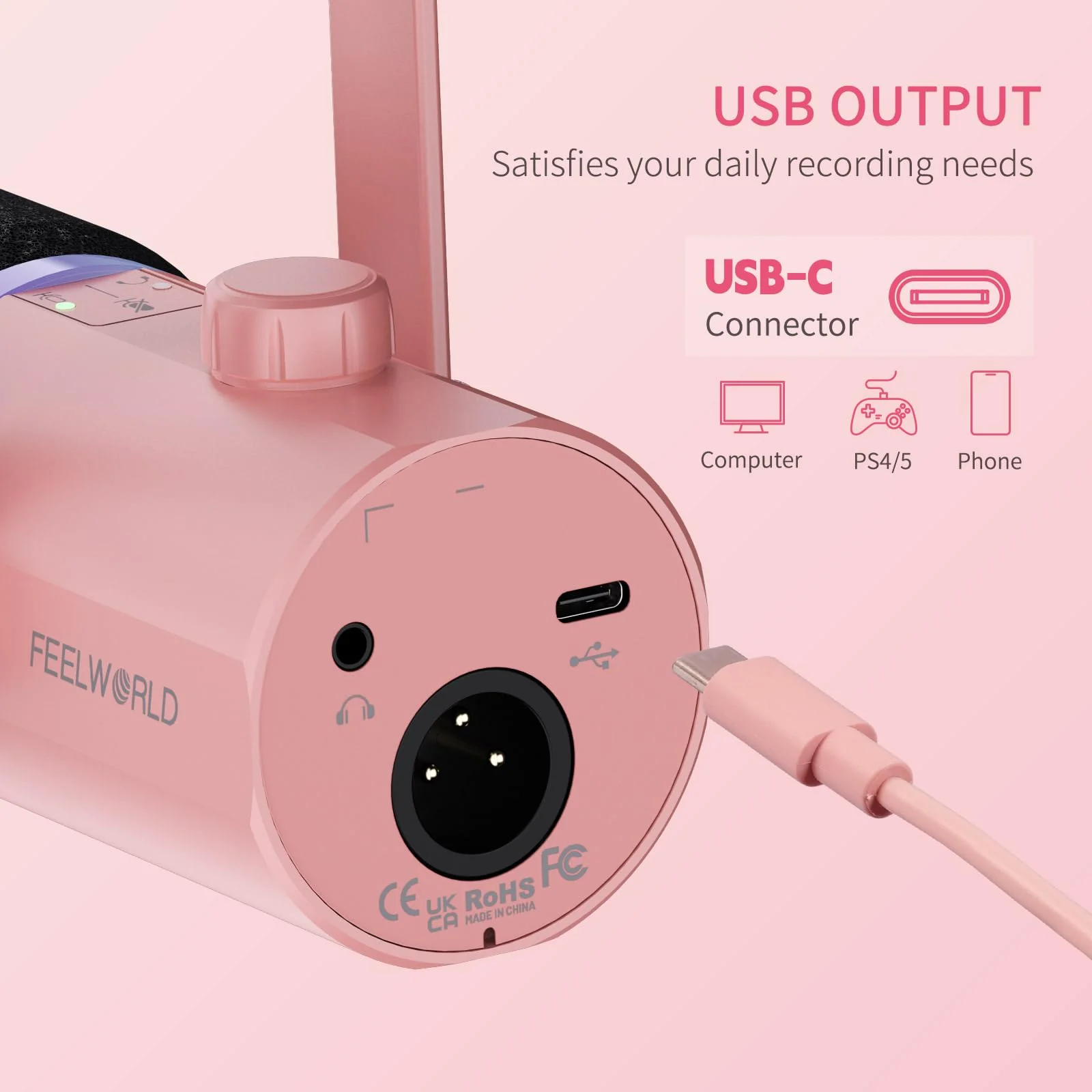FEELWORLD PM1 XLR USB Dynamic Microphone Gifts for Podcast Recording PC Computer Gaming Live Streaming Vocal Voice-Over, Studio Metal Mic with RGB Light, Mute Button, Headphones Jack (Pink) Pink - Image 4