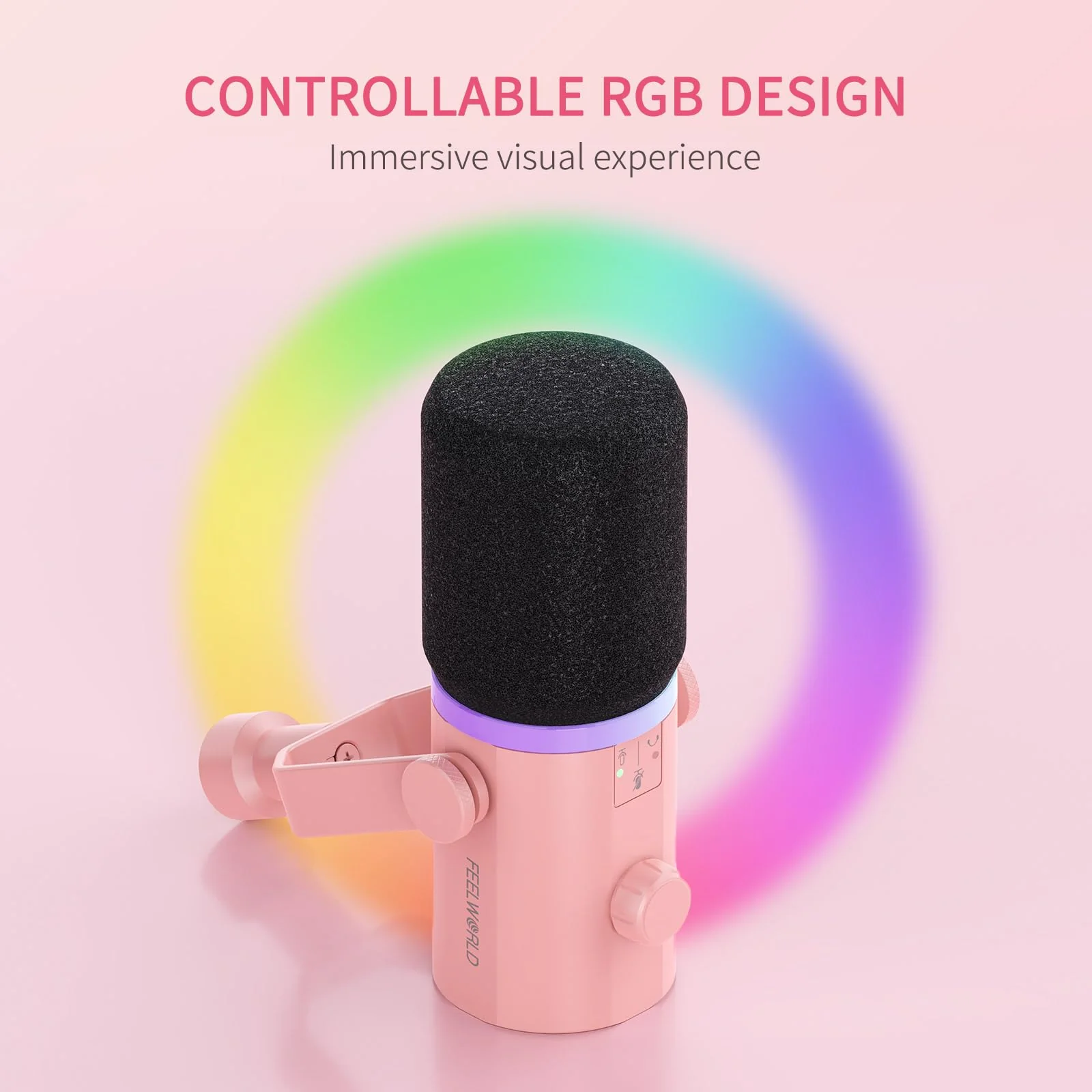 FEELWORLD PM1 XLR USB Dynamic Microphone Gifts for Podcast Recording PC Computer Gaming Live Streaming Vocal Voice-Over, Studio Metal Mic with RGB Light, Mute Button, Headphones Jack (Pink) Pink - Image 5