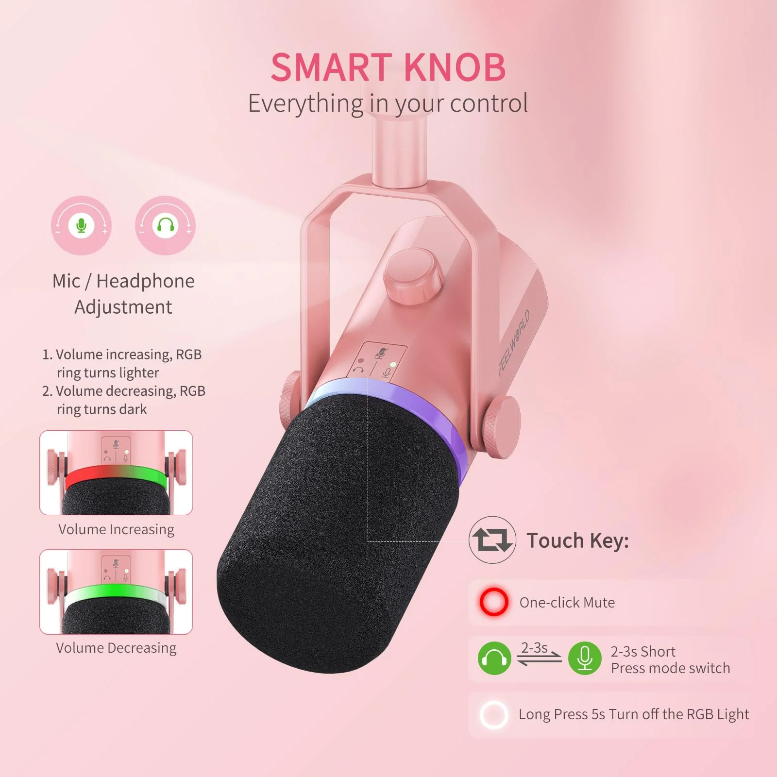 FEELWORLD PM1 XLR USB Dynamic Microphone Gifts for Podcast Recording PC Computer Gaming Live Streaming Vocal Voice-Over, Studio Metal Mic with RGB Light, Mute Button, Headphones Jack (Pink) Pink - Image 6