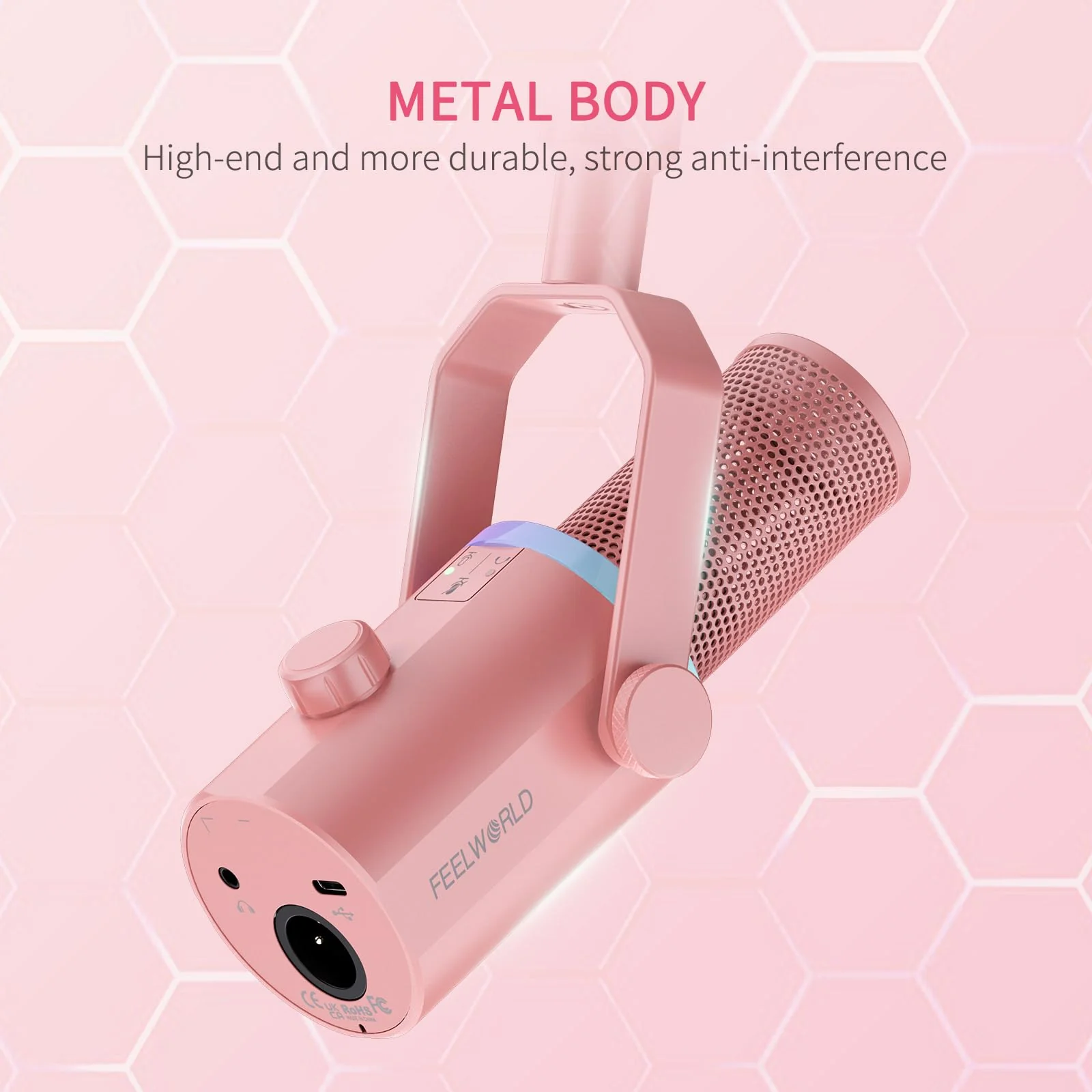 FEELWORLD PM1 XLR USB Dynamic Microphone Gifts for Podcast Recording PC Computer Gaming Live Streaming Vocal Voice-Over, Studio Metal Mic with RGB Light, Mute Button, Headphones Jack (Pink) Pink - Image 7