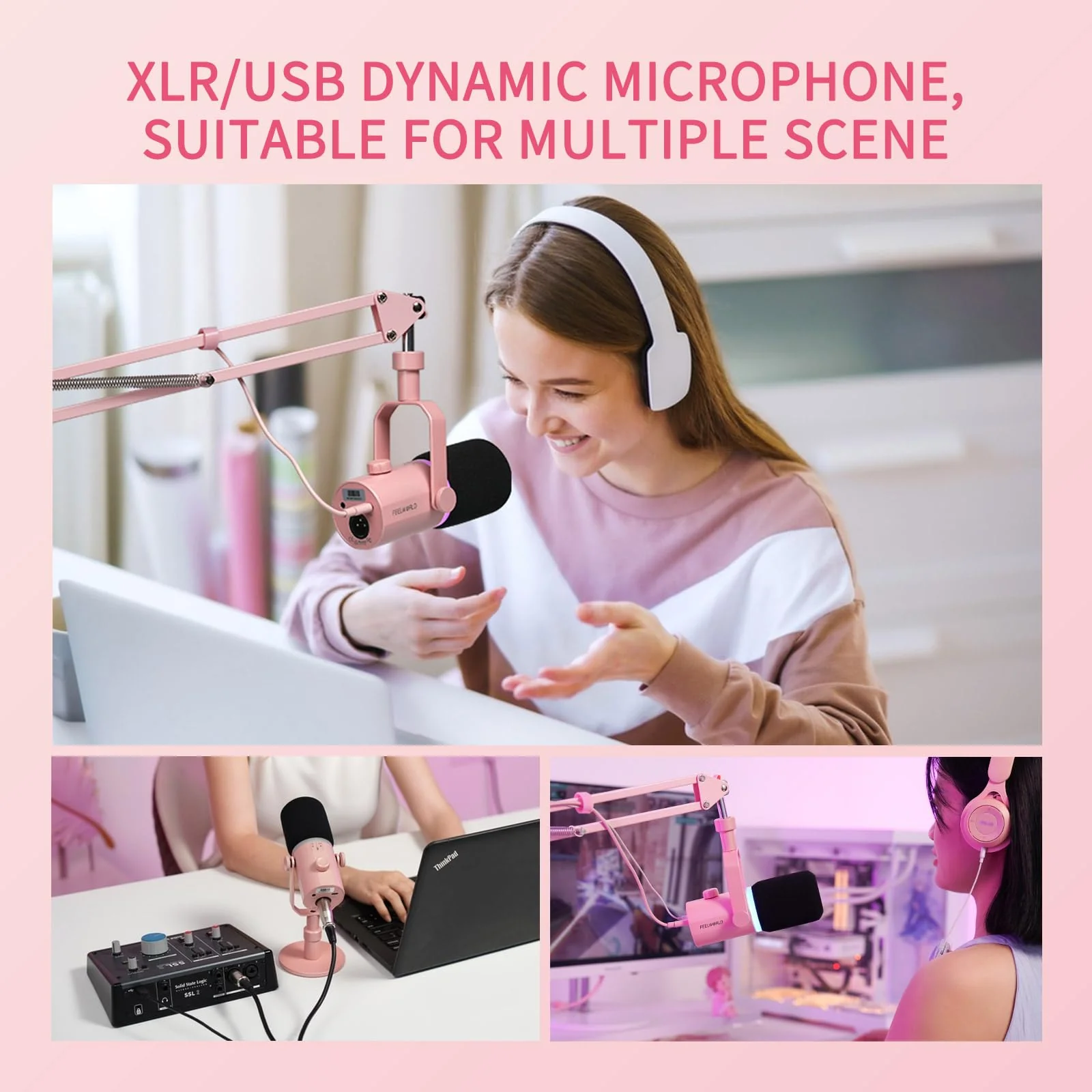 FEELWORLD PM1 XLR USB Dynamic Microphone Gifts for Podcast Recording PC Computer Gaming Live Streaming Vocal Voice-Over, Studio Metal Mic with RGB Light, Mute Button, Headphones Jack (Pink) Pink - Image 8