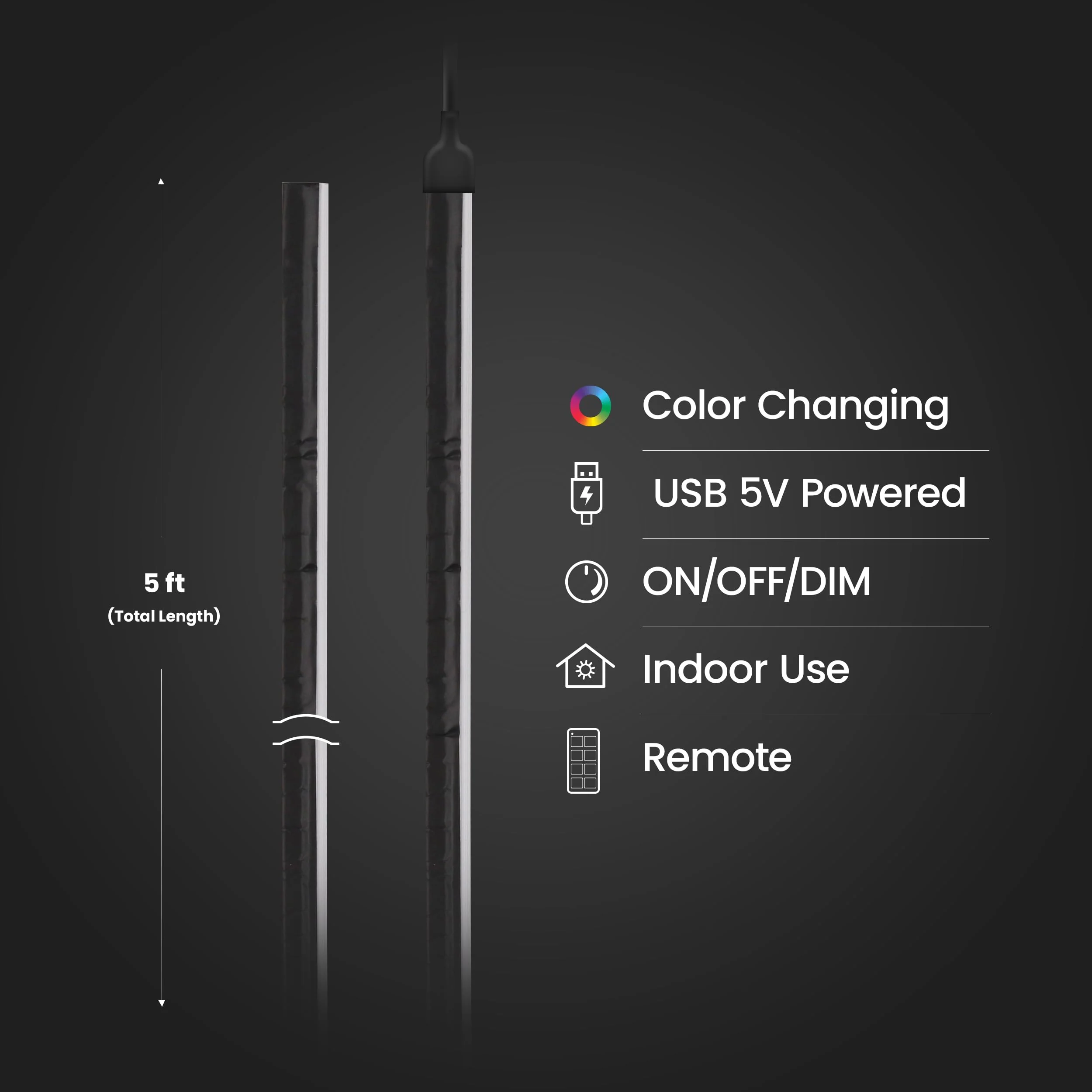 Feit Electric 5ft Indoor LED Light Strip, Dimmable, 0.1-Inch Wide, Multi-Color Chasing, USB-Powered, Filling & Stacking Patterns for Car Dashboards, Desks, Shelves & Furniture, TAPE60/TCOB/RGB/USB RGB (Red, Green, Blue) - Image 2