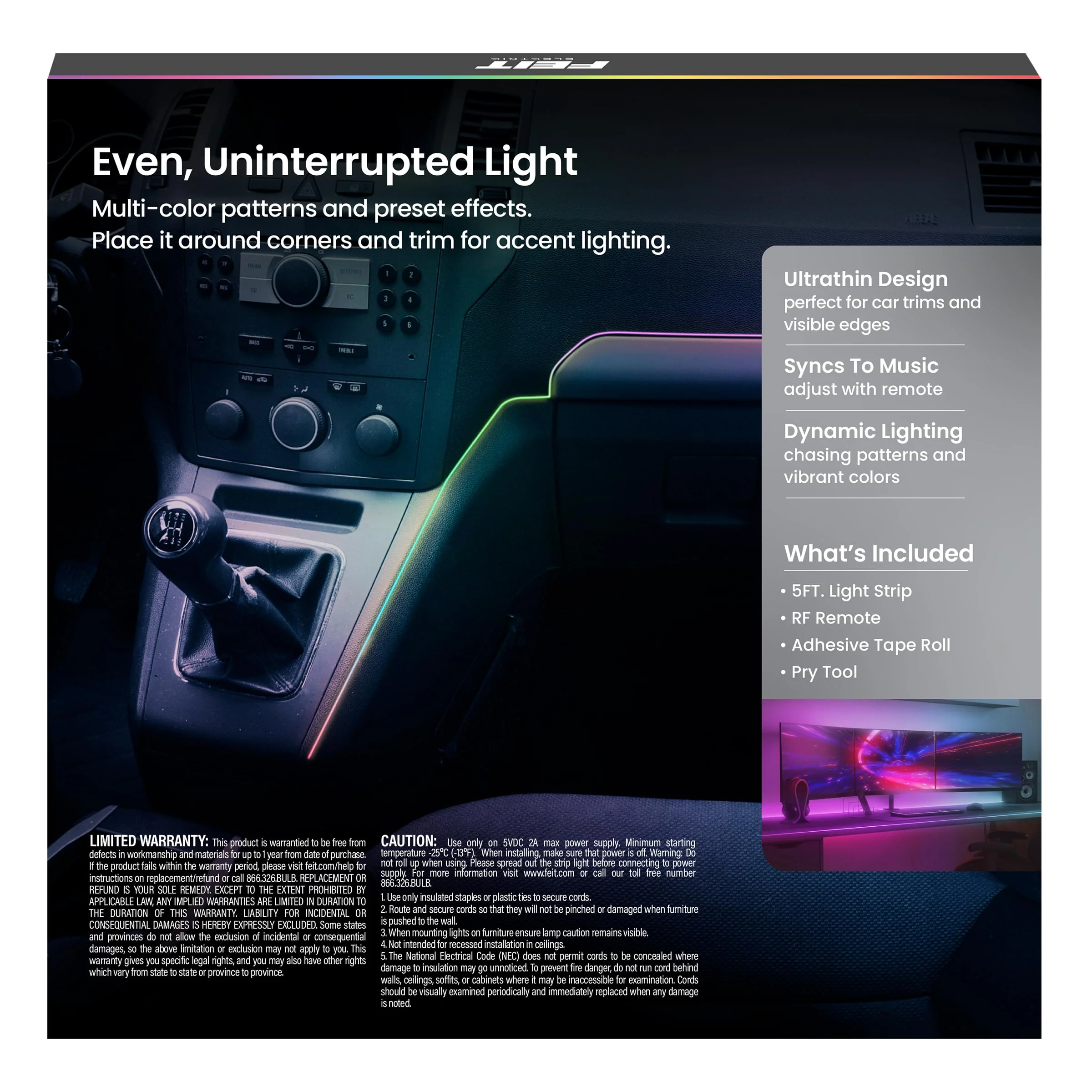 Feit Electric 5ft Indoor LED Light Strip, Dimmable, 0.1-Inch Wide, Multi-Color Chasing, USB-Powered, Filling & Stacking Patterns for Car Dashboards, Desks, Shelves & Furniture, TAPE60/TCOB/RGB/USB RGB (Red, Green, Blue) - Image 7