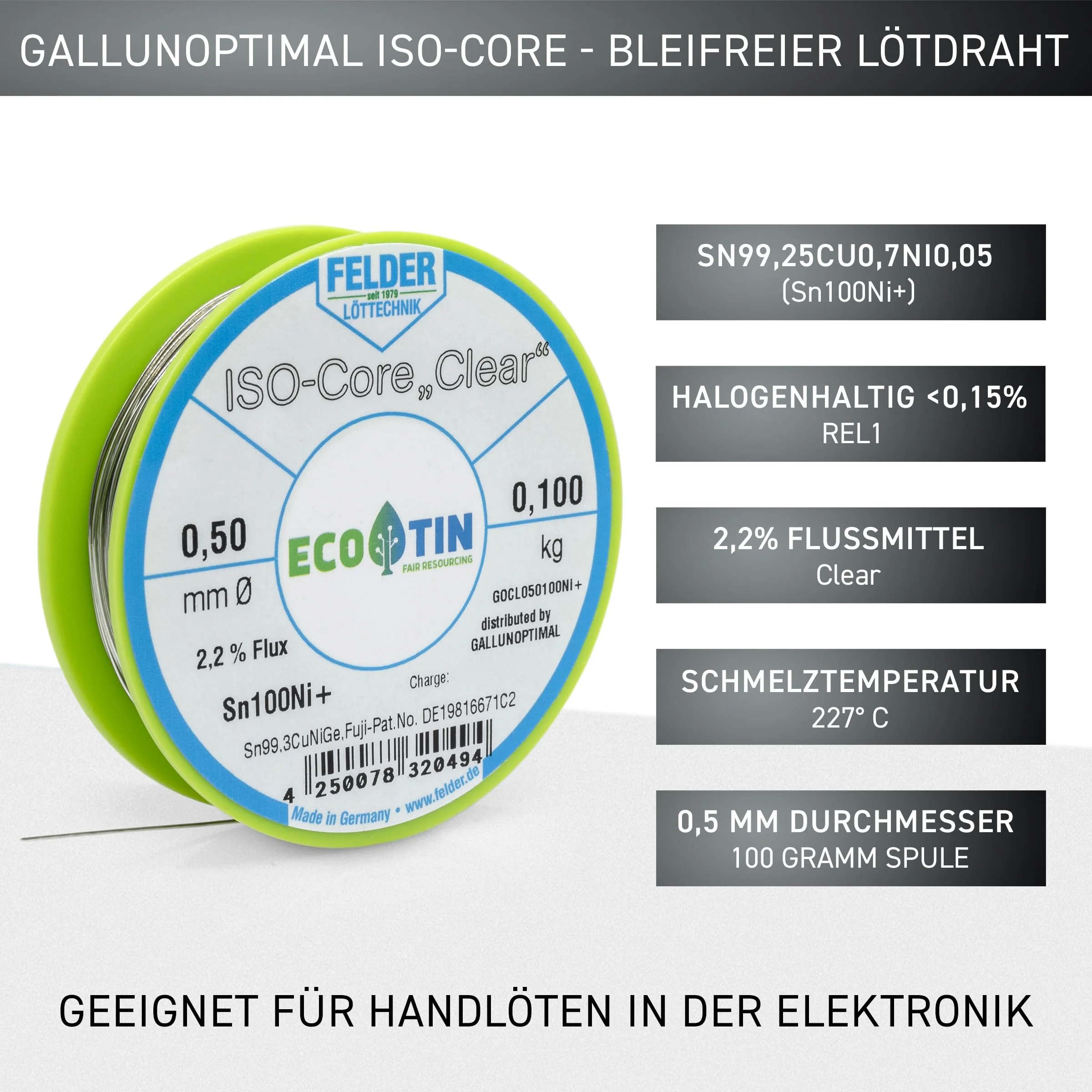 Felder Solder ISO Core Soldering Wire Clear Sn100Ni+ Sn99.3CuNiGe (0.5 mm to 100 g) - Image 2