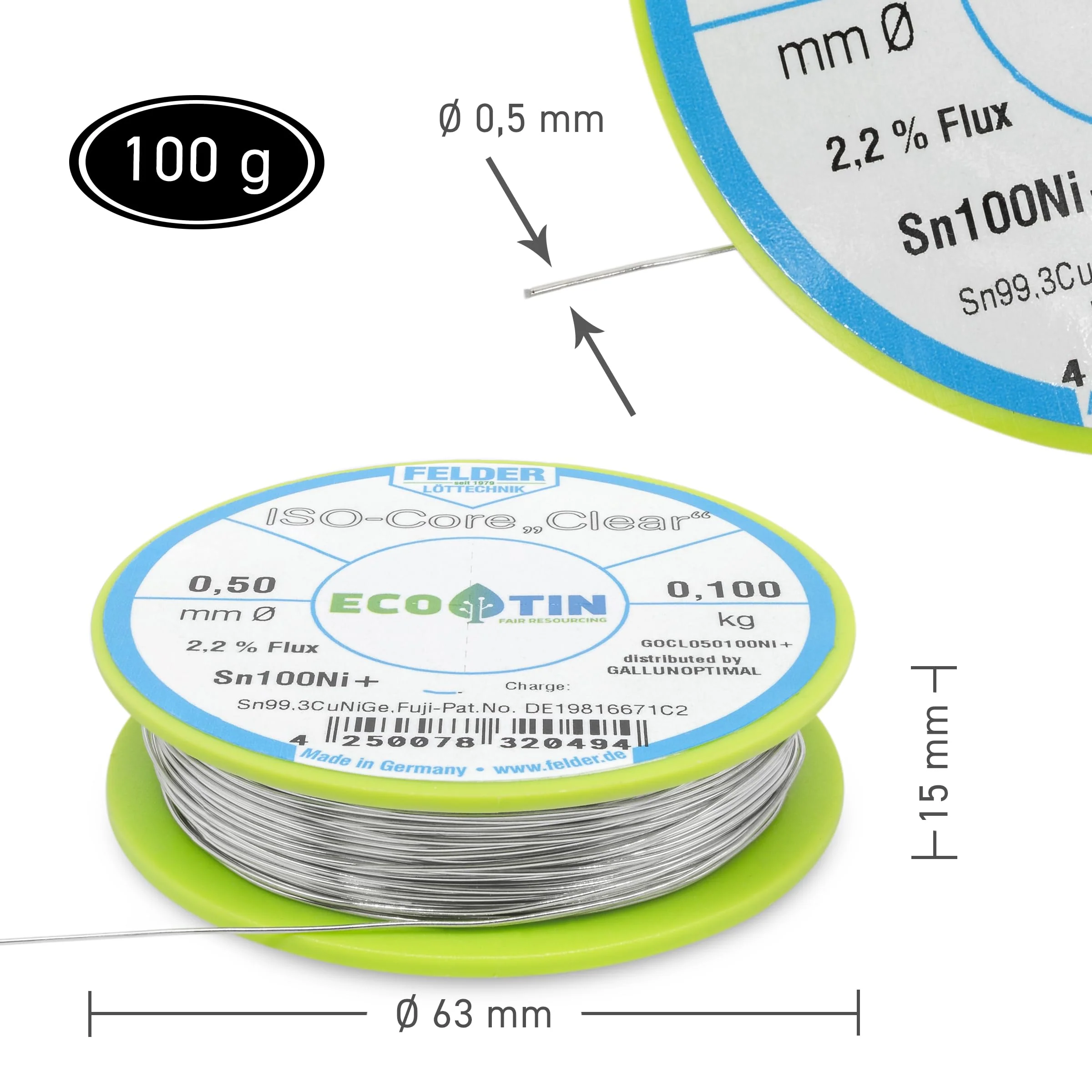 Felder Solder ISO Core Soldering Wire Clear Sn100Ni+ Sn99.3CuNiGe (0.5 mm to 100 g) - Image 3