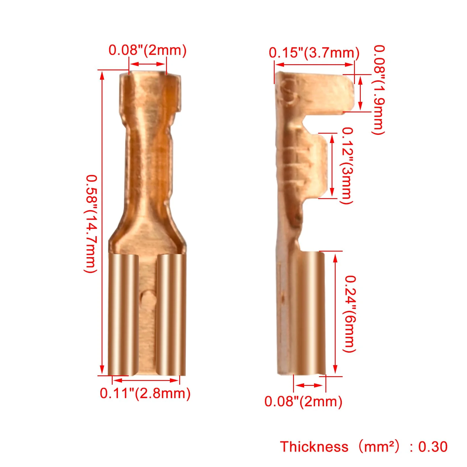 Female Spade Quick Splice Crimp Terminals, 2.8mm Crimp Connector, Non Insulated, 100 pcs - Image 2