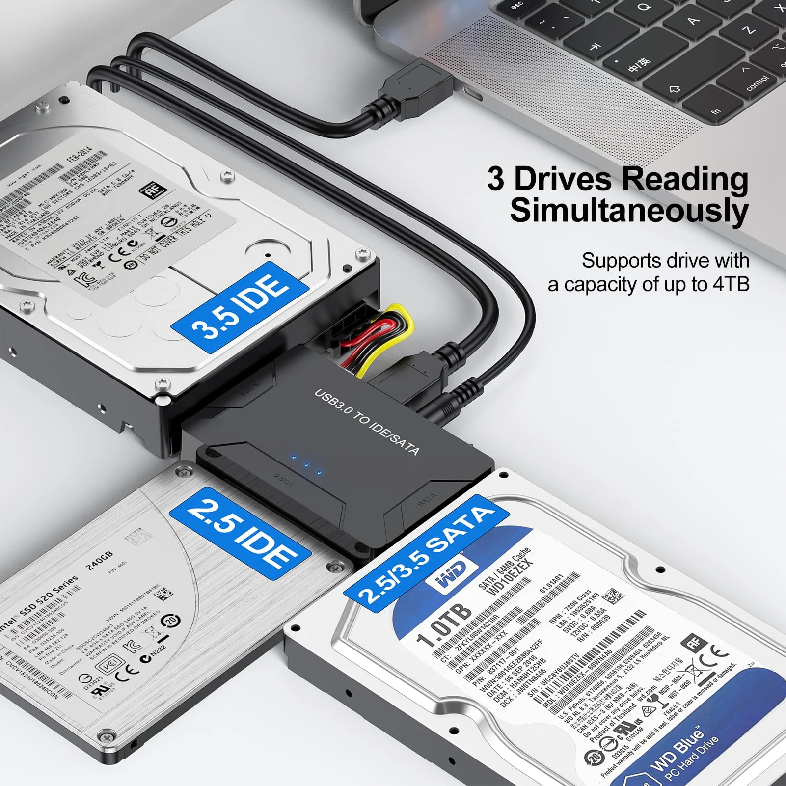 FEMORO Hard Drive Reader IDE SATA to USB 3.0 Adapter, USB + Type C External Hard Drive Data Ultra Recovery Converter Kit with Power for 2.5 3.5 hdd ssd disk 5.25 Inch DVD/CD-ROM Optical Drive SATA IDE to USB+USB C - Image 3