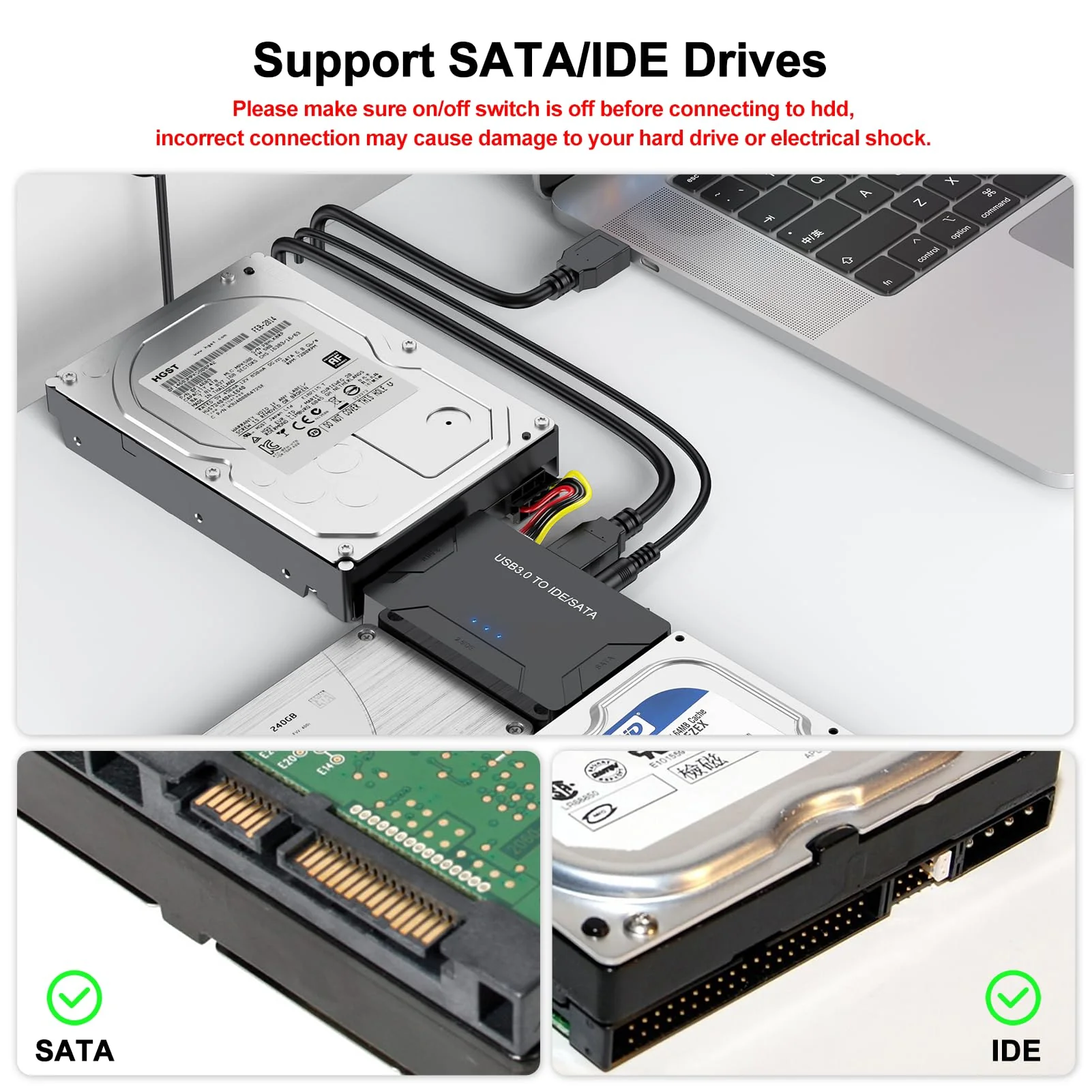 FEMORO Hard Drive Reader IDE SATA to USB 3.0 Adapter, USB + Type C External Hard Drive Data Ultra Recovery Converter Kit with Power for 2.5 3.5 hdd ssd disk 5.25 Inch DVD/CD-ROM Optical Drive SATA IDE to USB+USB C - Image 4