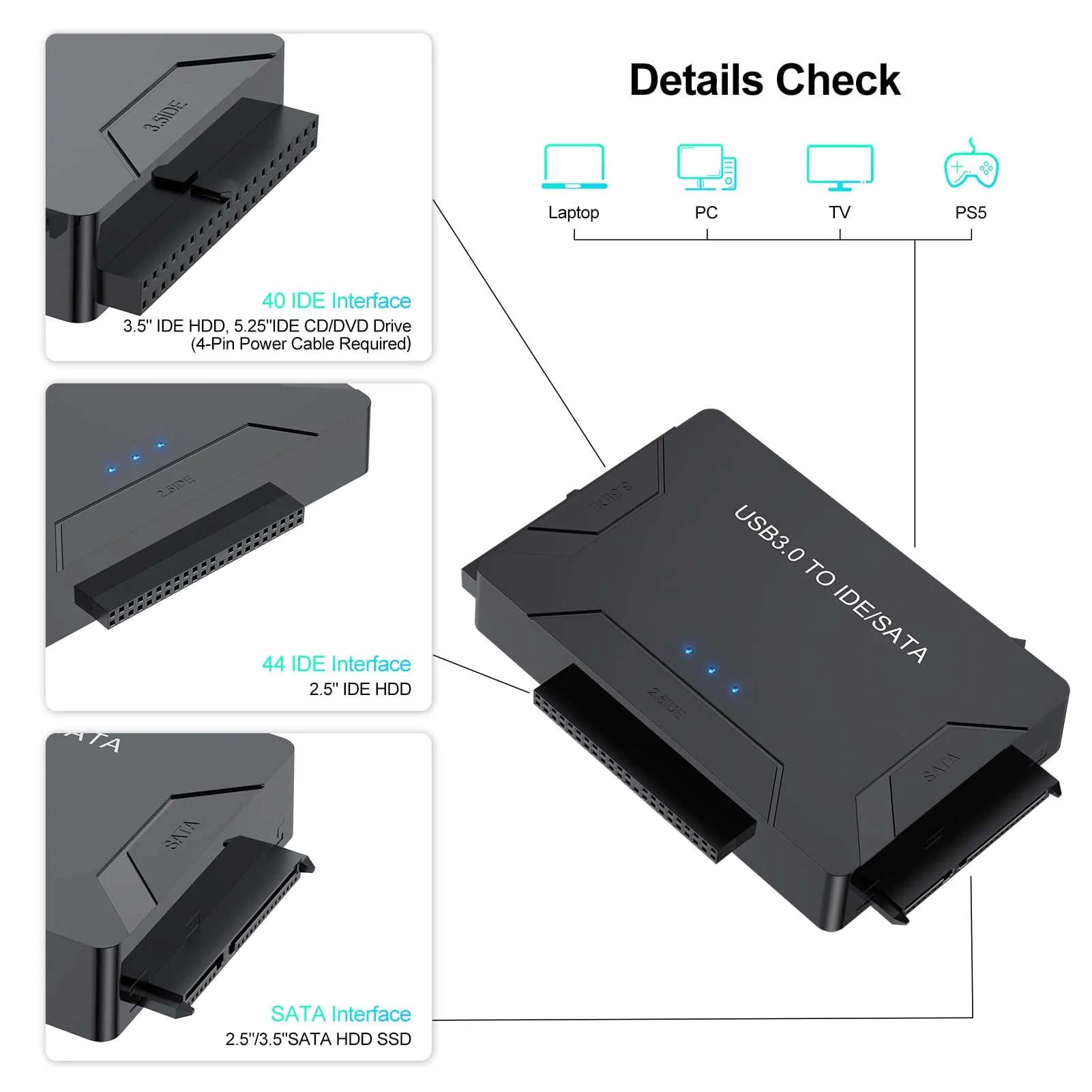 FEMORO Hard Drive Reader IDE SATA to USB 3.0 Adapter, USB + Type C External Hard Drive Data Ultra Recovery Converter Kit with Power for 2.5 3.5 hdd ssd disk 5.25 Inch DVD/CD-ROM Optical Drive SATA IDE to USB+USB C - Image 6