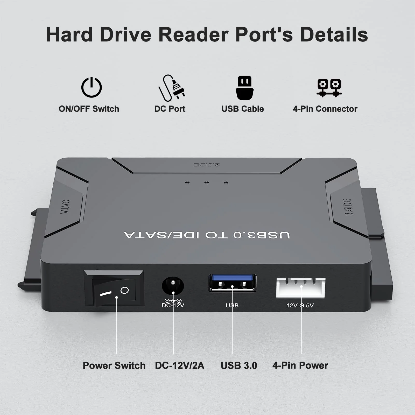 FEMORO Hard Drive Reader IDE SATA to USB 3.0 Adapter, USB + Type C External Hard Drive Data Ultra Recovery Converter Kit with Power for 2.5 3.5 hdd ssd disk 5.25 Inch DVD/CD-ROM Optical Drive SATA IDE to USB+USB C - Image 7