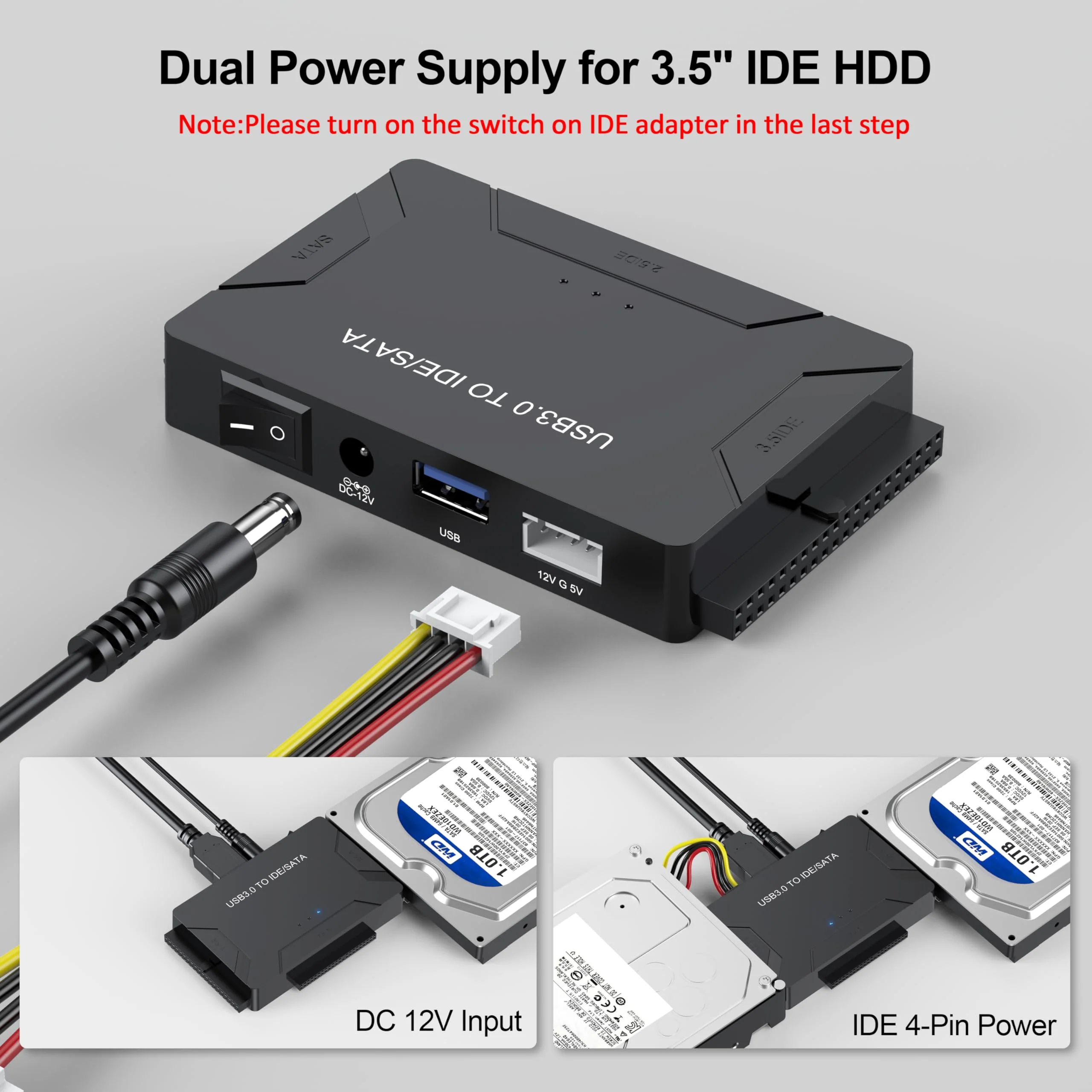 FEMORO Hard Drive Reader IDE SATA to USB 3.0 Adapter, USB + Type C External Hard Drive Data Ultra Recovery Converter Kit with Power for 2.5 3.5 hdd ssd disk 5.25 Inch DVD/CD-ROM Optical Drive SATA IDE to USB+USB C - Image 8