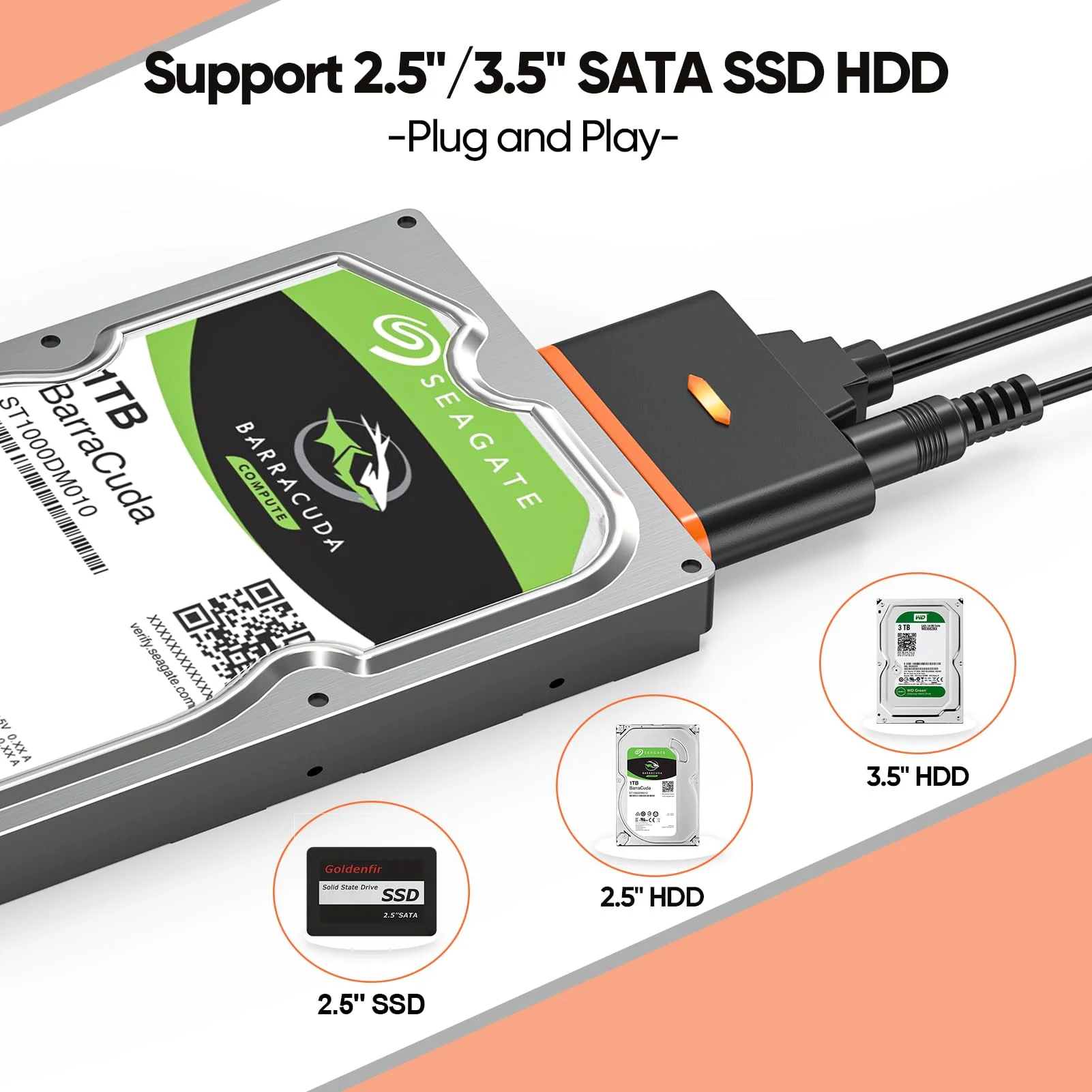 FEMORO SATA to USB Adapter with Power Supply, USB C 3.0 Hard Drive Converter External Reader for 3.5'' HDD 2.5'' SSD, up to 20TB, SATA III Support UASP Compatible with Seagate WD Toshiba and More USB+USB C 1 Pack - Image 2