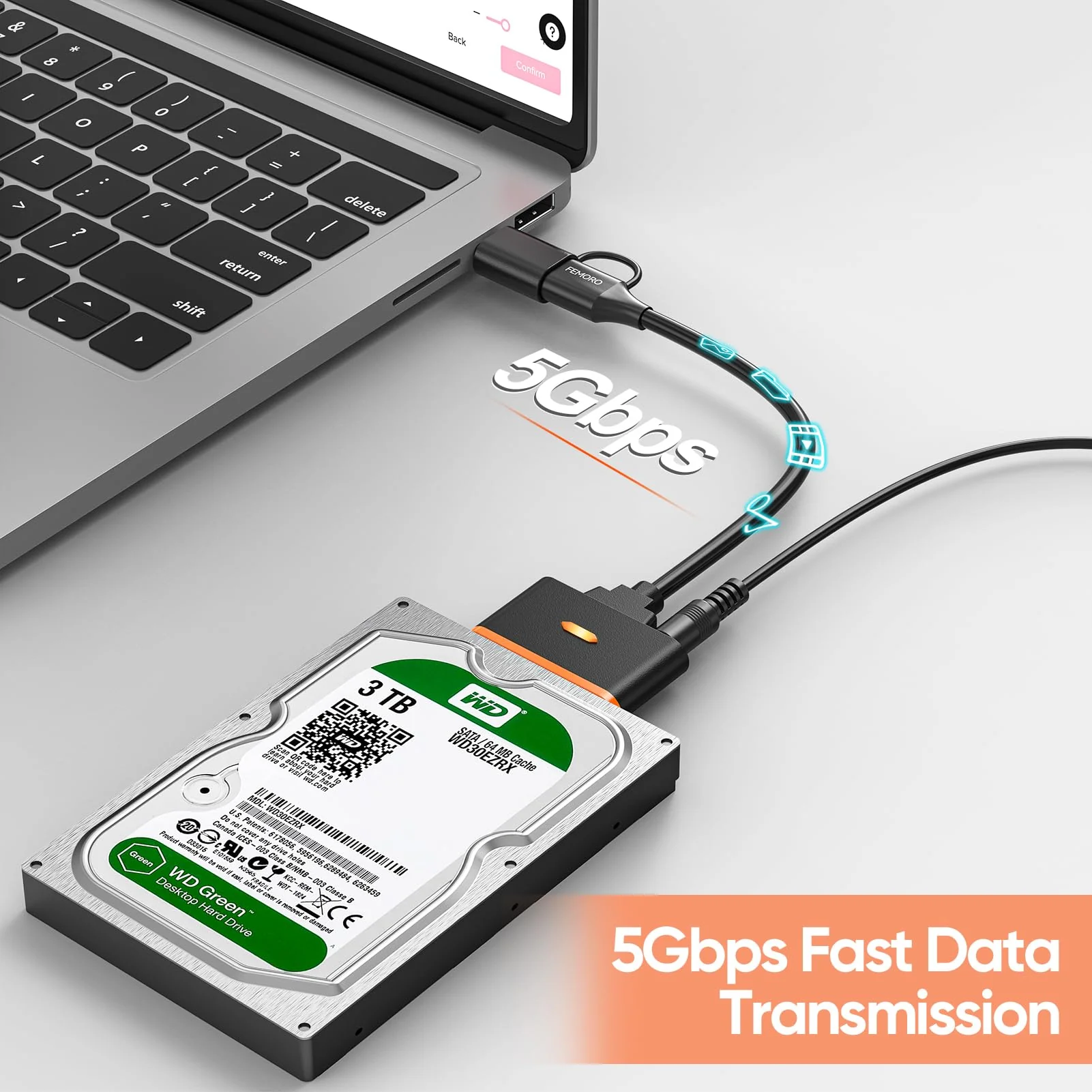 FEMORO SATA to USB Adapter with Power Supply, USB C 3.0 Hard Drive Converter External Reader for 3.5'' HDD 2.5'' SSD, up to 20TB, SATA III Support UASP Compatible with Seagate WD Toshiba and More USB+USB C 1 Pack - Image 3