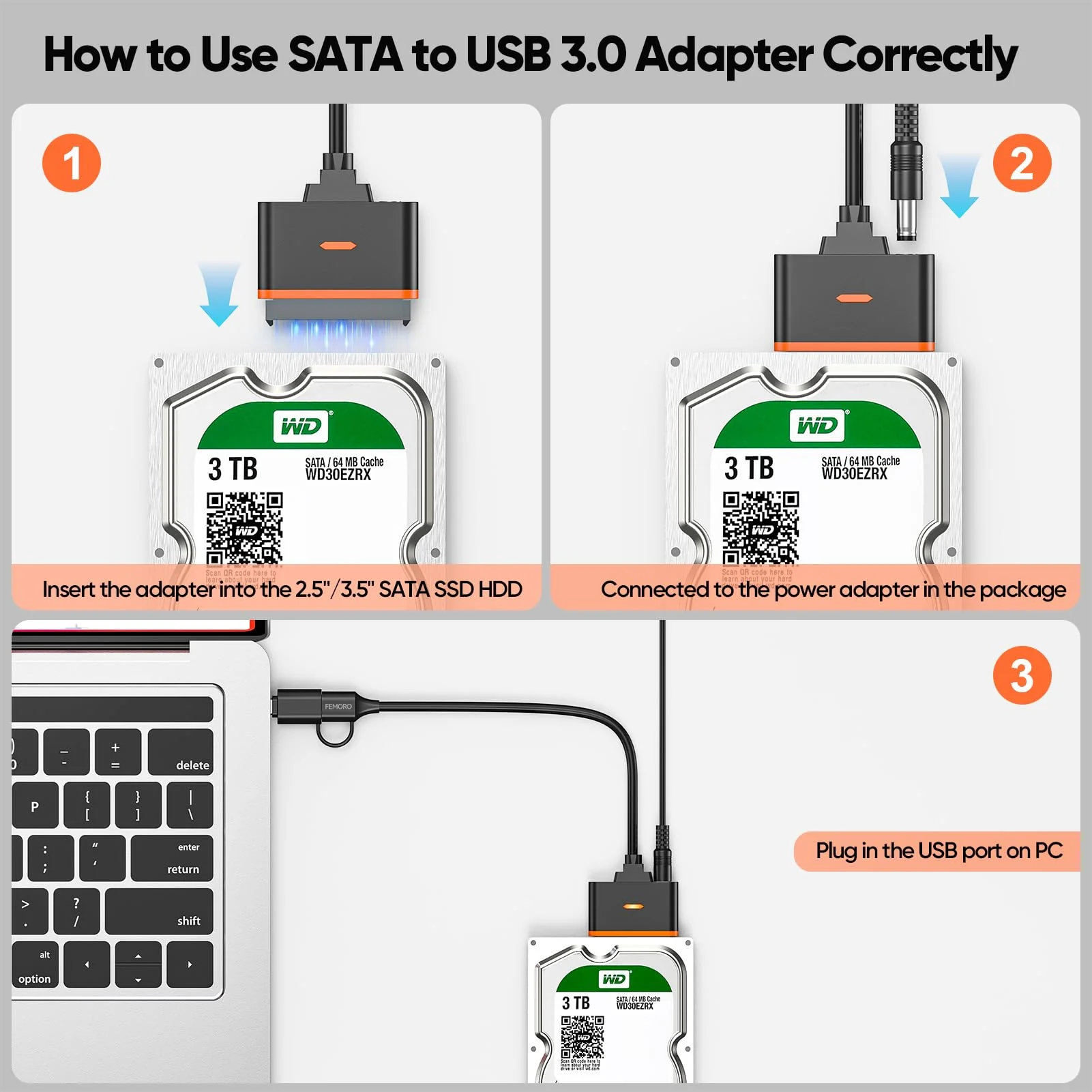FEMORO SATA to USB Adapter with Power Supply, USB C 3.0 Hard Drive Converter External Reader for 3.5'' HDD 2.5'' SSD, up to 20TB, SATA III Support UASP Compatible with Seagate WD Toshiba and More USB+USB C 1 Pack - Image 6