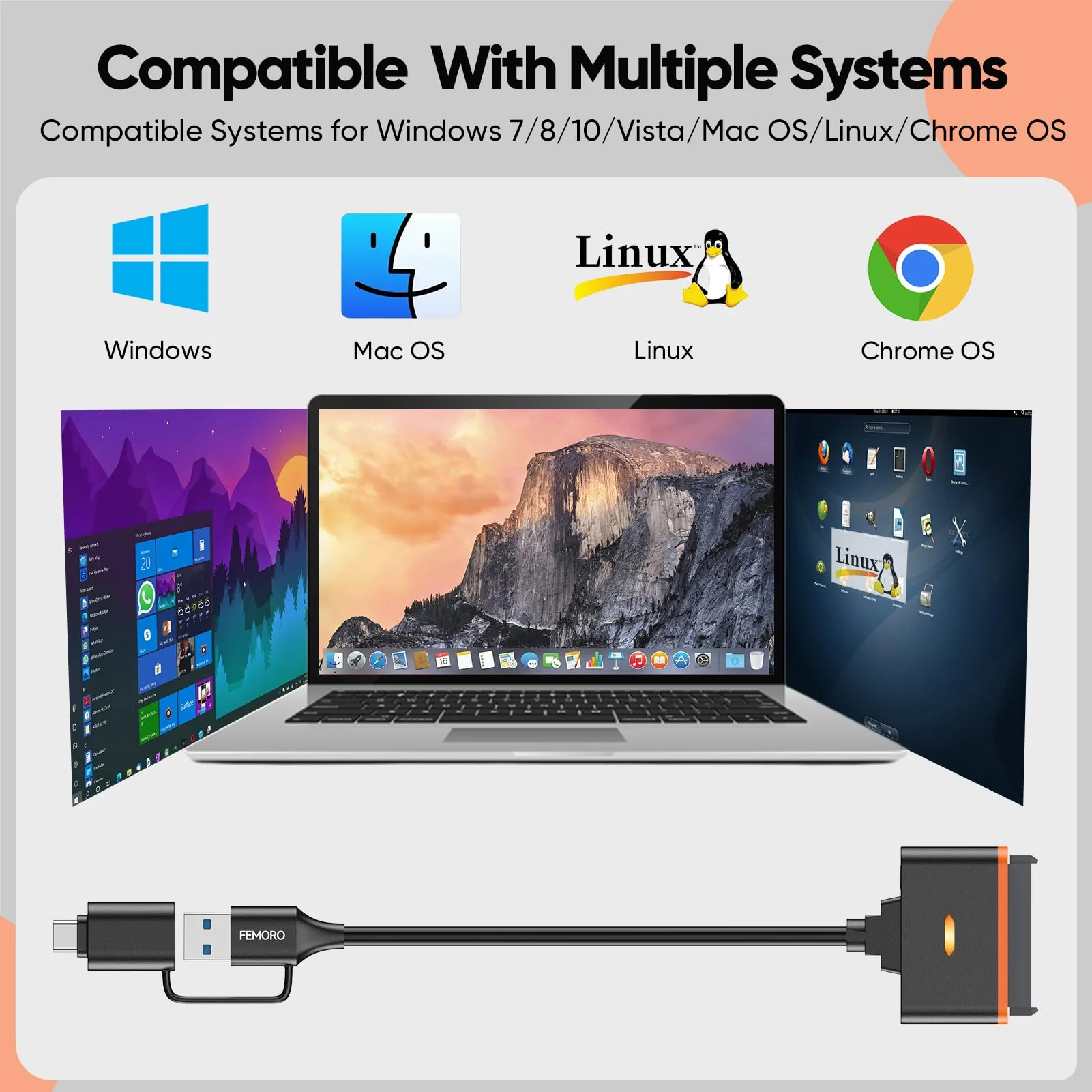 FEMORO SATA to USB Adapter with Power Supply, USB C 3.0 Hard Drive Converter External Reader for 3.5'' HDD 2.5'' SSD, up to 20TB, SATA III Support UASP Compatible with Seagate WD Toshiba and More USB+USB C 1 Pack - Image 8