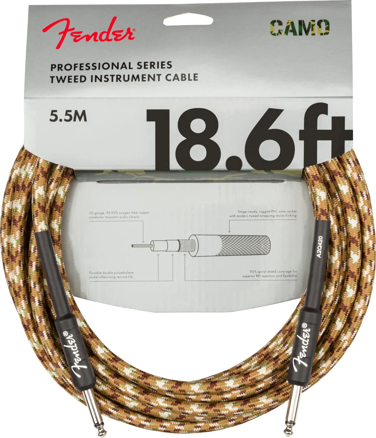 Fender 18.6-Foot Professional Tweed Instrument Cable, Straight-Straight, Desert Camo - 1 Pack 18.6ft - Image 2