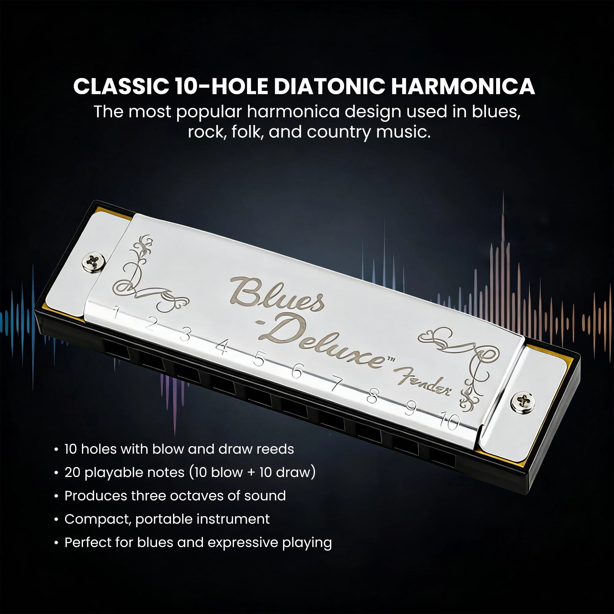 Fender Blues Deluxe Harmonica - Key of C Bundle with Carrying Case, Austin Bazaar Online Manual, and Polishing Cloth - Image 3