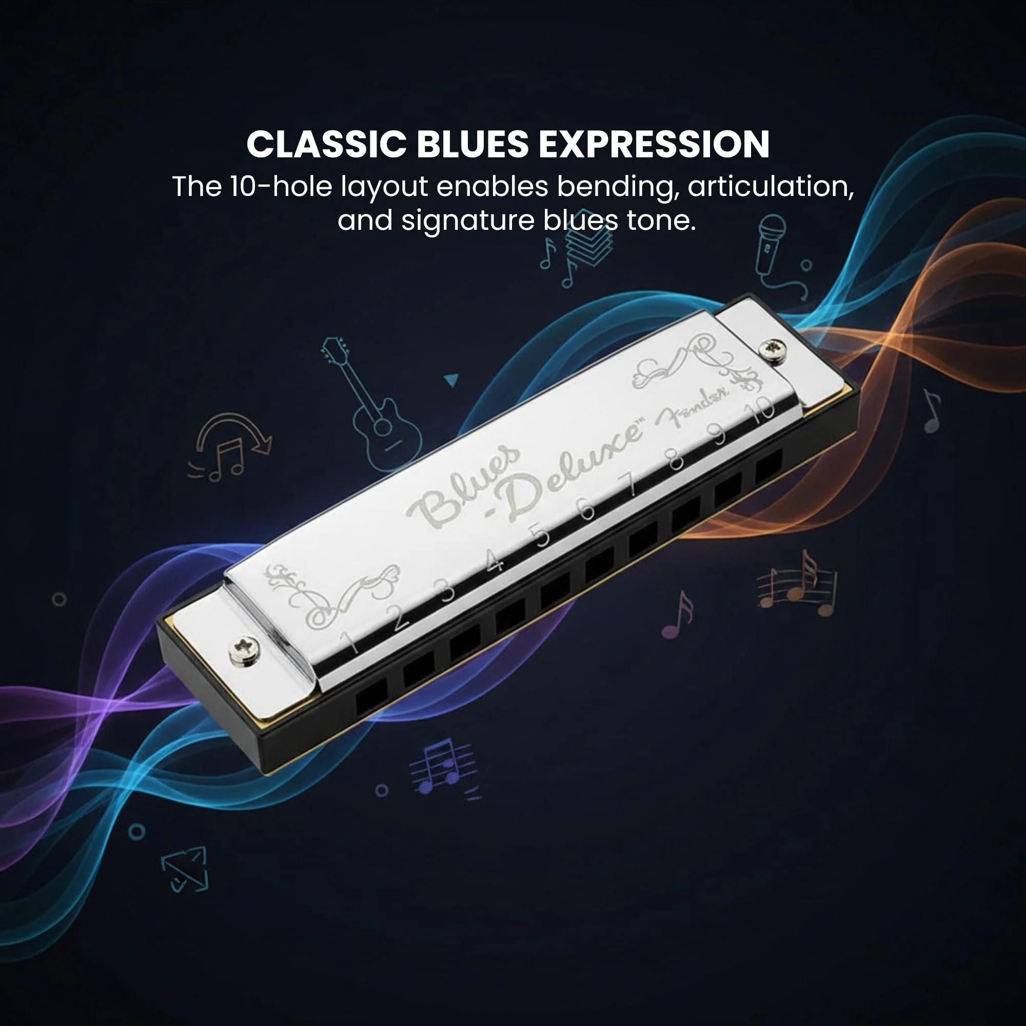 Fender Blues Deluxe Harmonica - Key of C Bundle with Carrying Case, Austin Bazaar Online Manual, and Polishing Cloth - Image 5