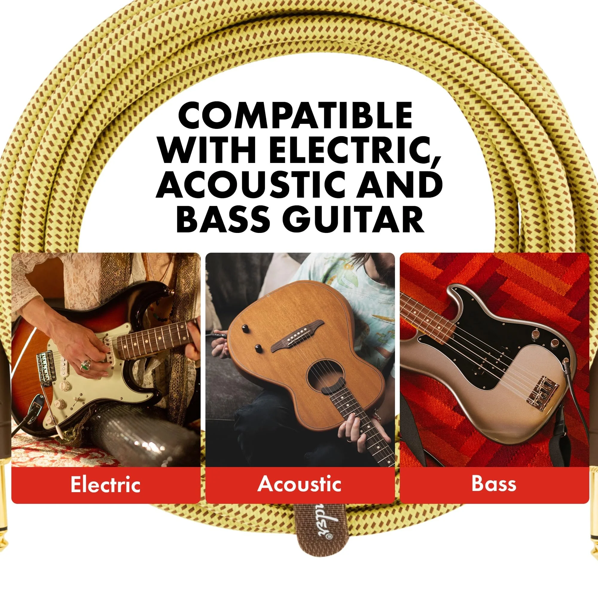 Fender Deluxe Series Instrument Cable, Guitar Cable, Stocking Stuffers, Guitar Accessories, Straight/Angle, Black Tweed, 10ft - Image 3