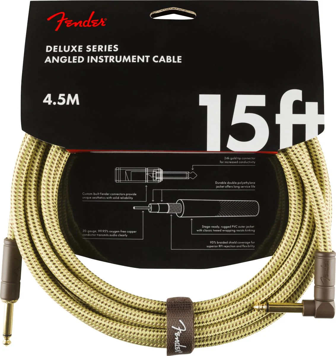 Fender Deluxe Series Instrument Cable, Straight/Angle, Tweed, 15ft - Image 2