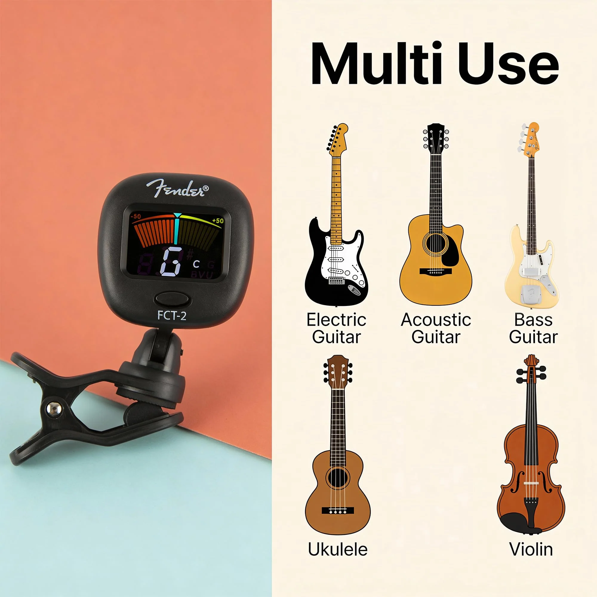 Fender FCT-2 Professional Multi-Instrument Clip-On Tuner for Guitar, Bass, Ukulele, and Violin - Image 6