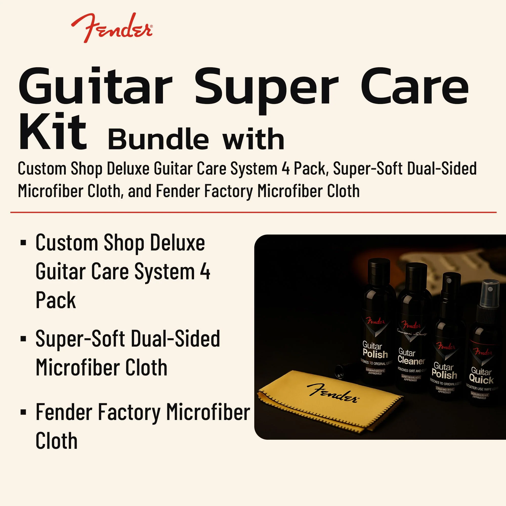 Fender Guitar Super Care Kit Bundle with Custom Shop Deluxe Guitar Care System 4 Pack, Super-Soft Dual-Sided Microfiber Cloth, and Fender Factory Microfiber Cloth Kit w/ Fender Microfiber Cloths - Image 2