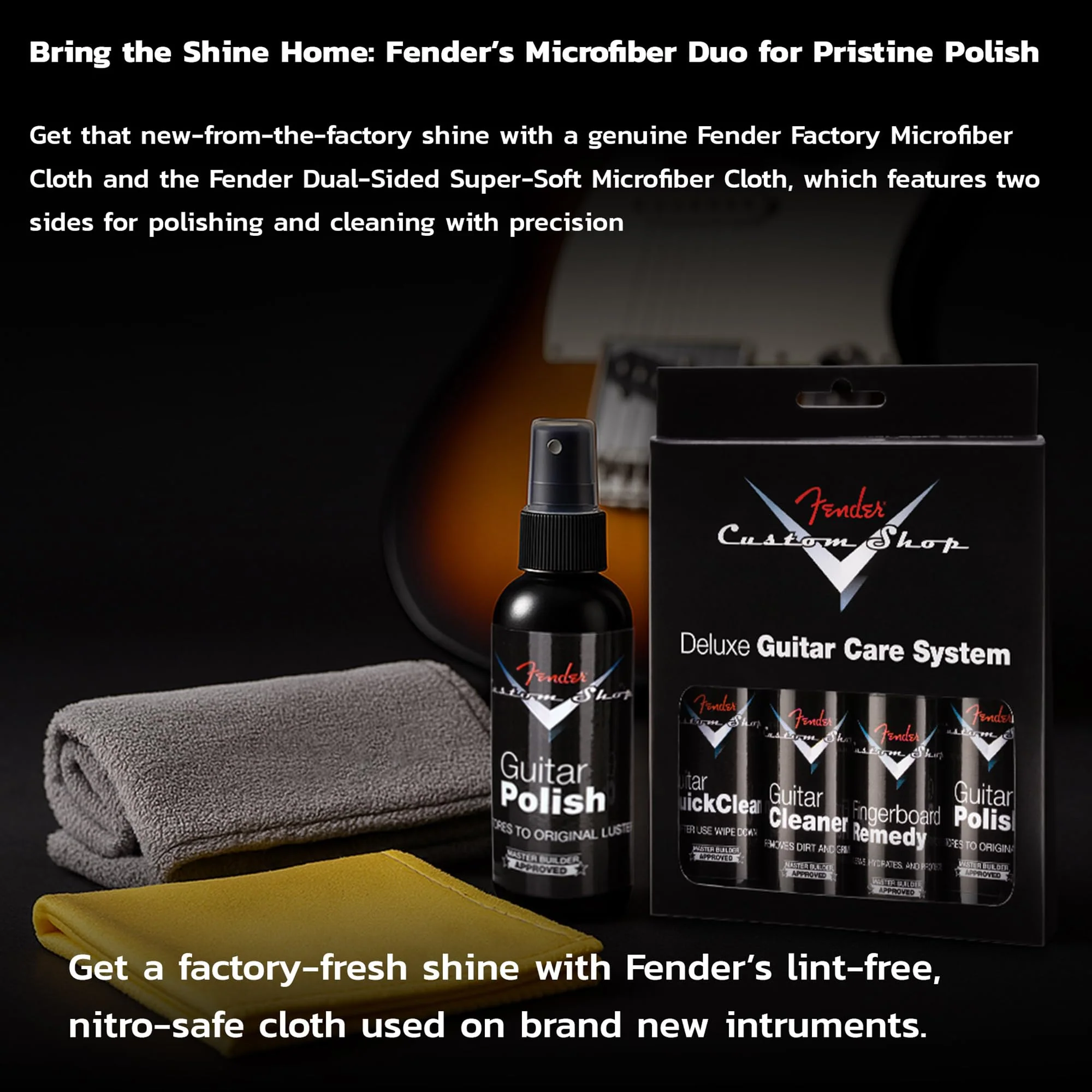 Fender Guitar Super Care Kit Bundle with Custom Shop Deluxe Guitar Care System 4 Pack, Super-Soft Dual-Sided Microfiber Cloth, and Fender Factory Microfiber Cloth Kit w/ Fender Microfiber Cloths - Image 5