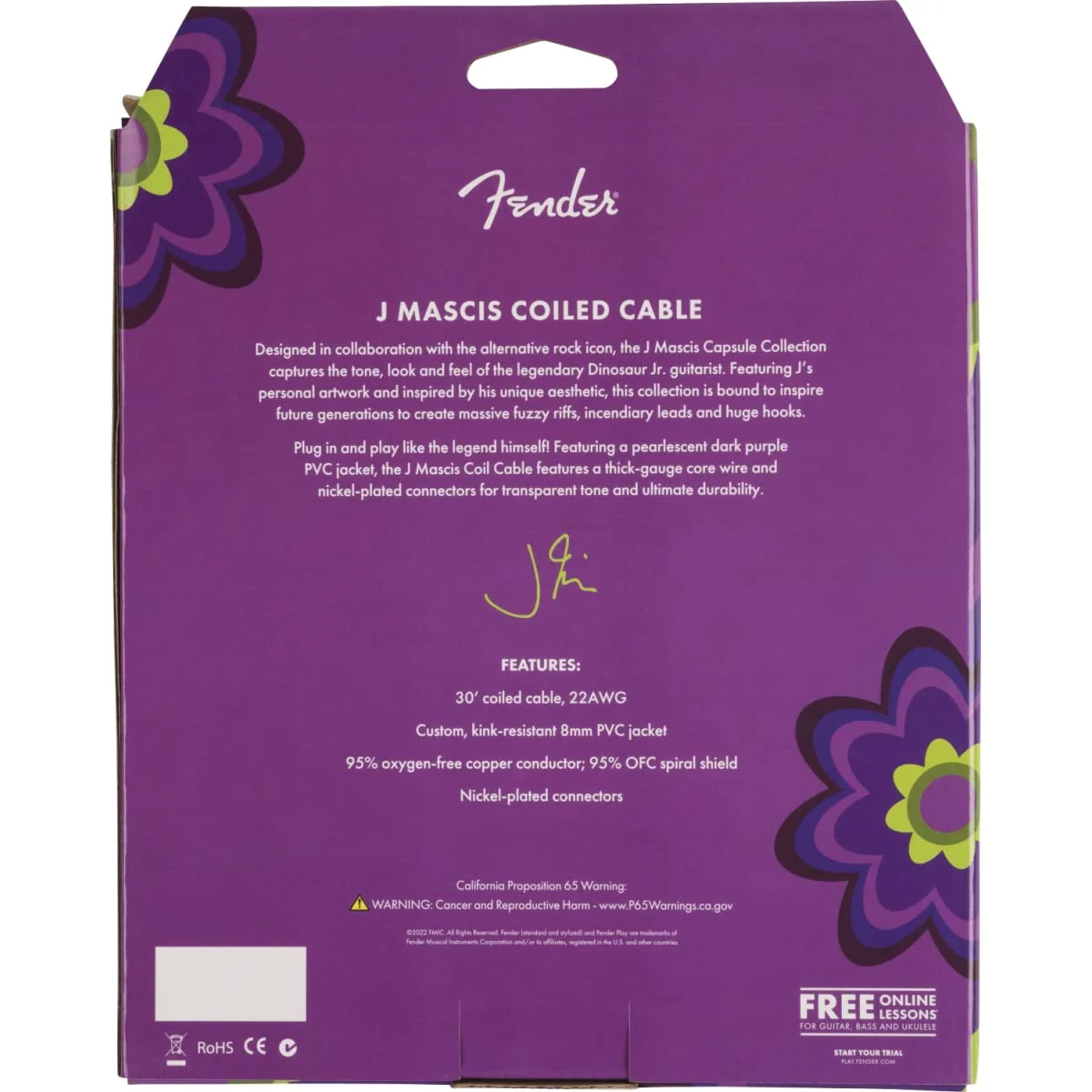Fender J Mascis Dinosaur Jr Coiled Instrument Cable, Purple, 30ft - Image 2