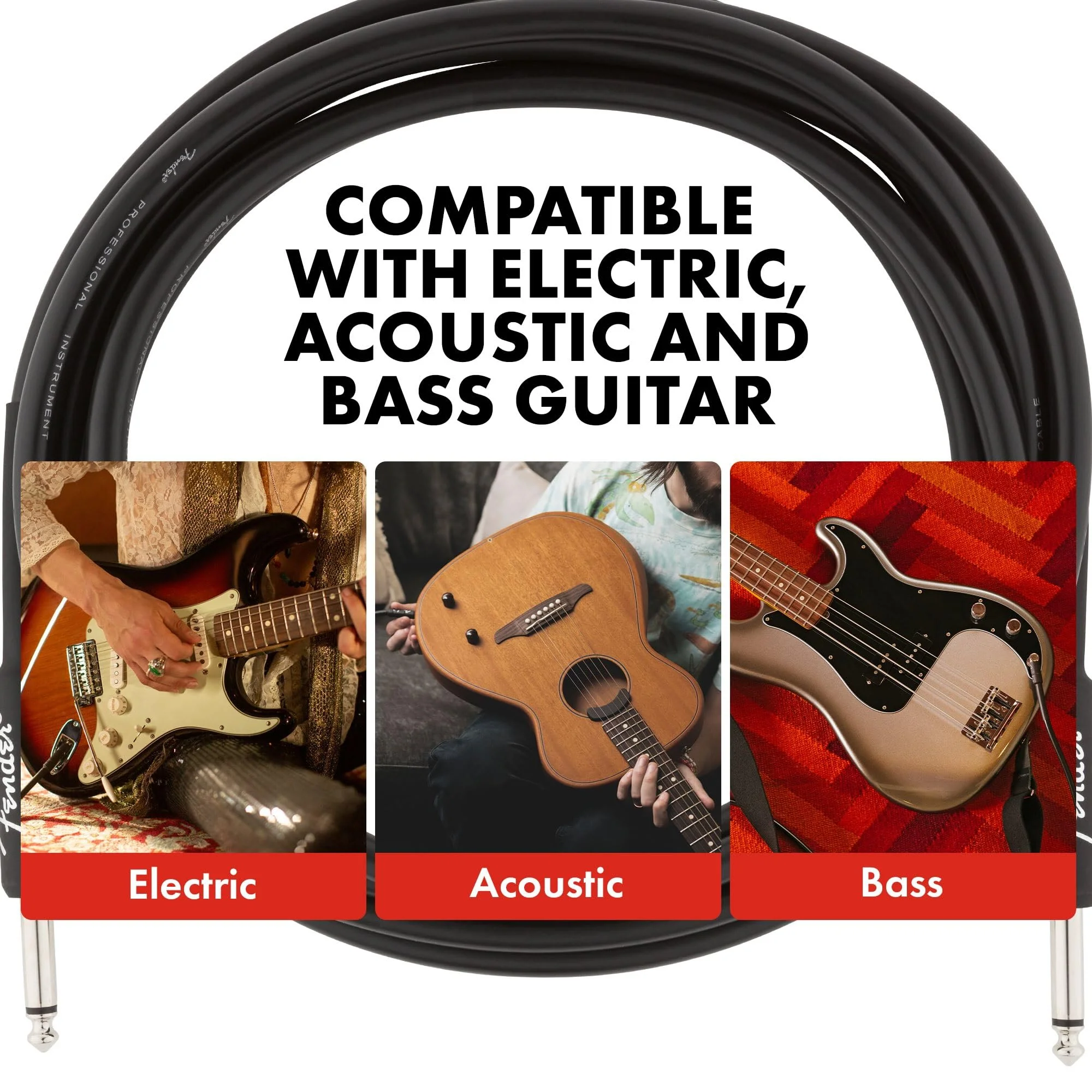 Fender Professional Series Instrument Cable, Guitar Cable, Stocking Stuffers, Guitar Accessories, Straight/Angle, Black, 15ft - Image 3